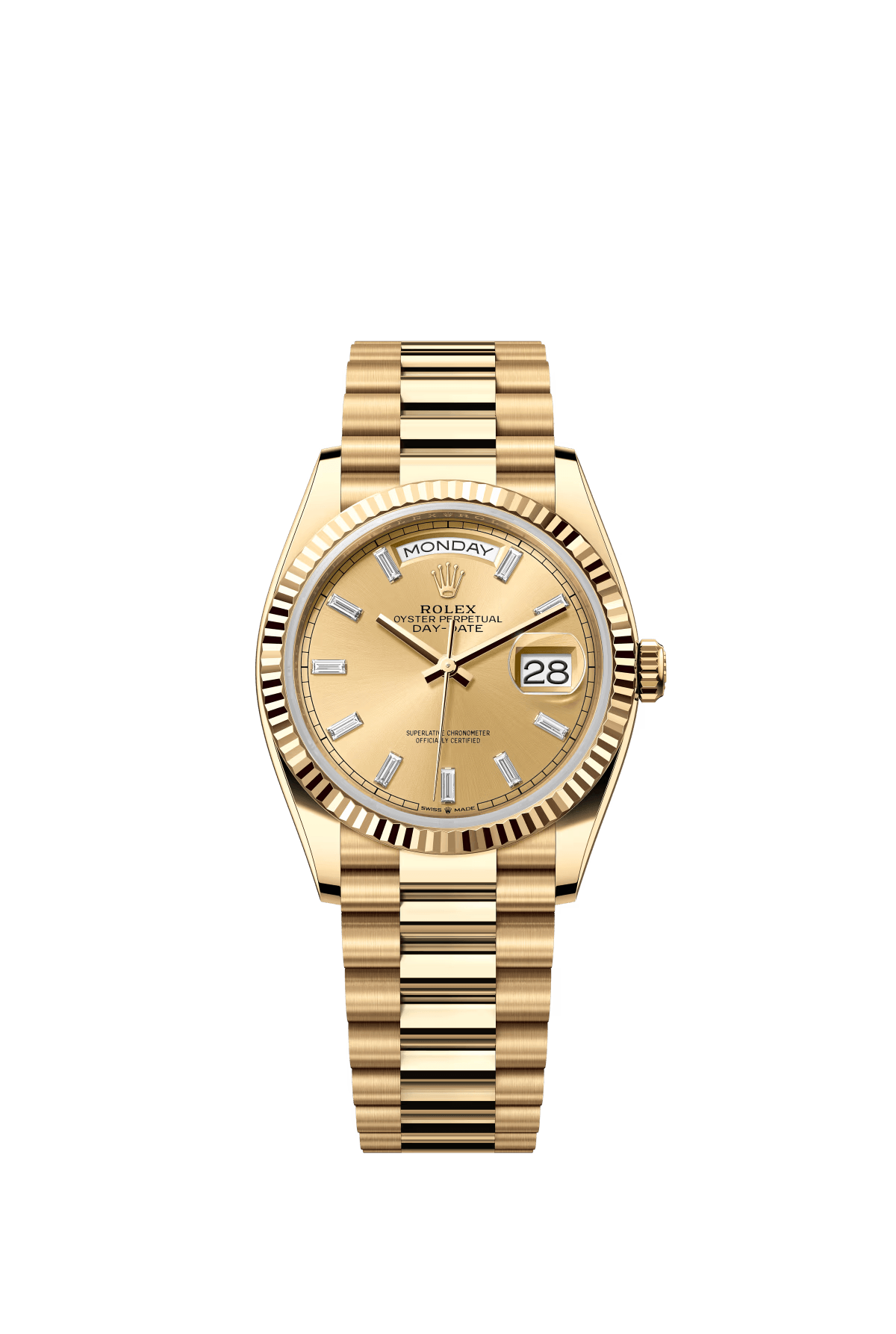 The Oyster Perpetual Day-Date 36 is available in 18 ct yellow gold with a champagne diamond-set dial, fluted bezel and President bracelet. -m128238-0132