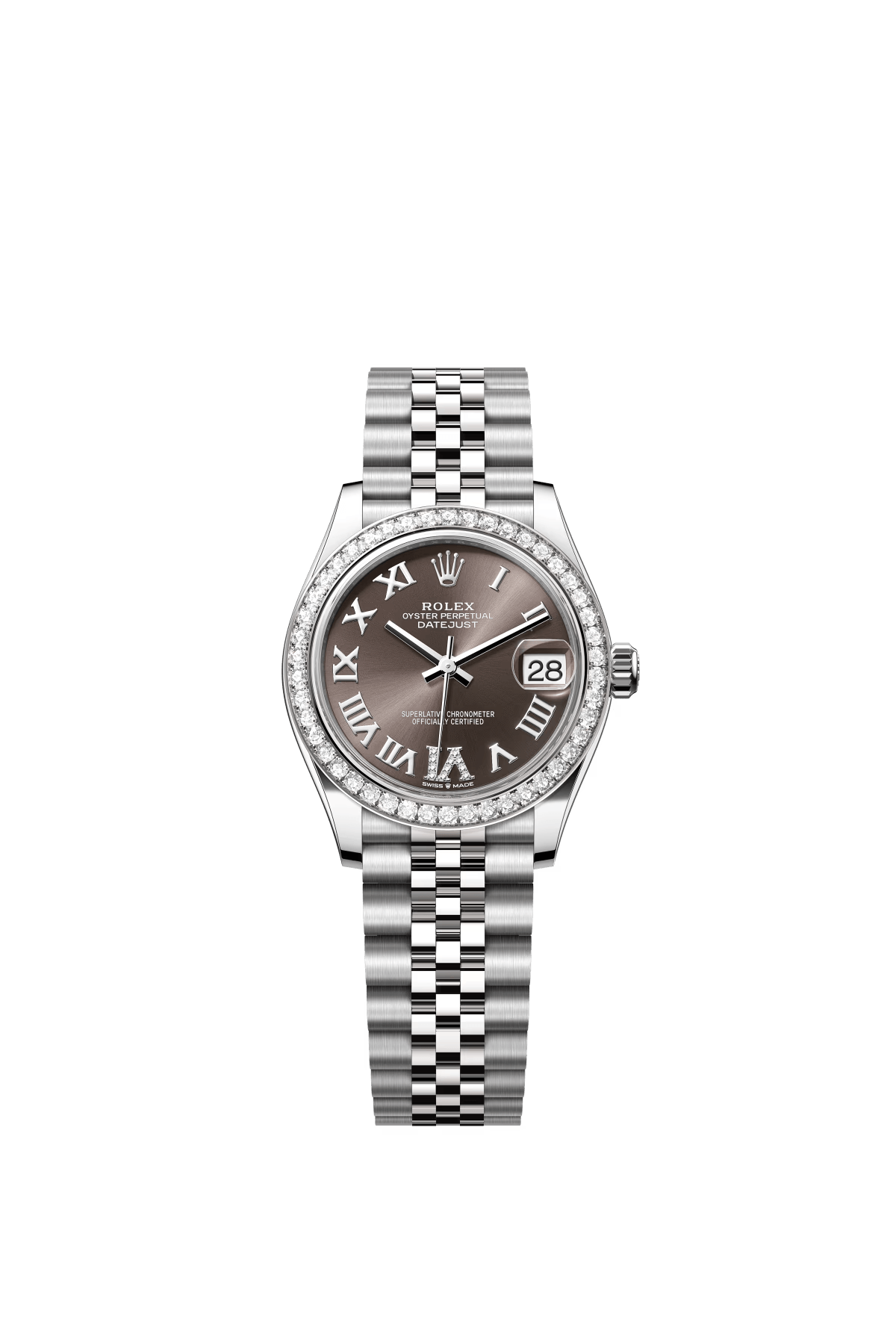 The Oyster Perpetual Datejust 31 is available in white gold and Oystersteel with a diamond-set dark grey dial and a Jubilee bracelet. -m278384rbr-0032