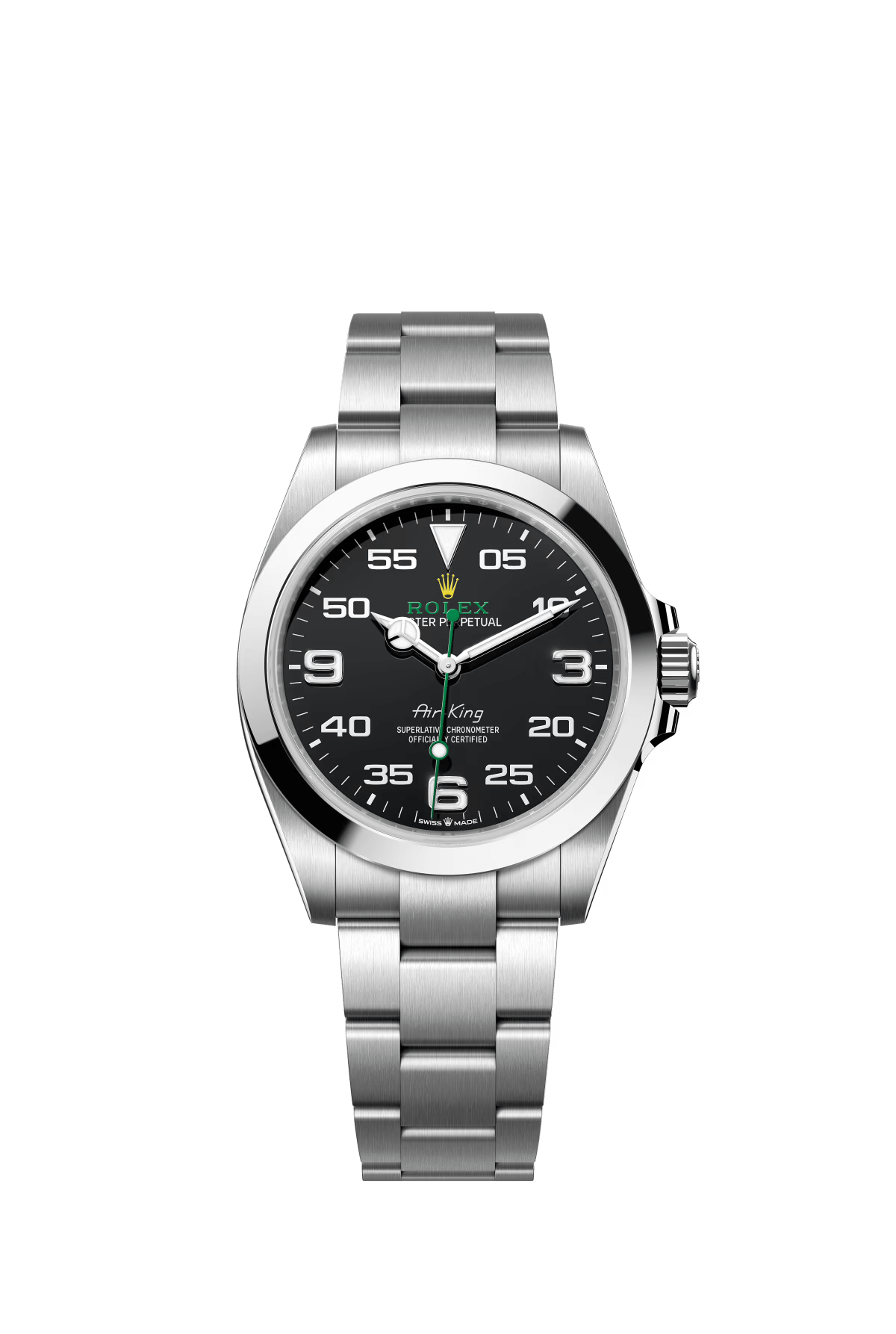 The 40 mm Oyster steel case, with its solid link Oyster bracelet and distinctive black dial, continues the original Rolex Oyster's roots in aviation. -m126900-0001