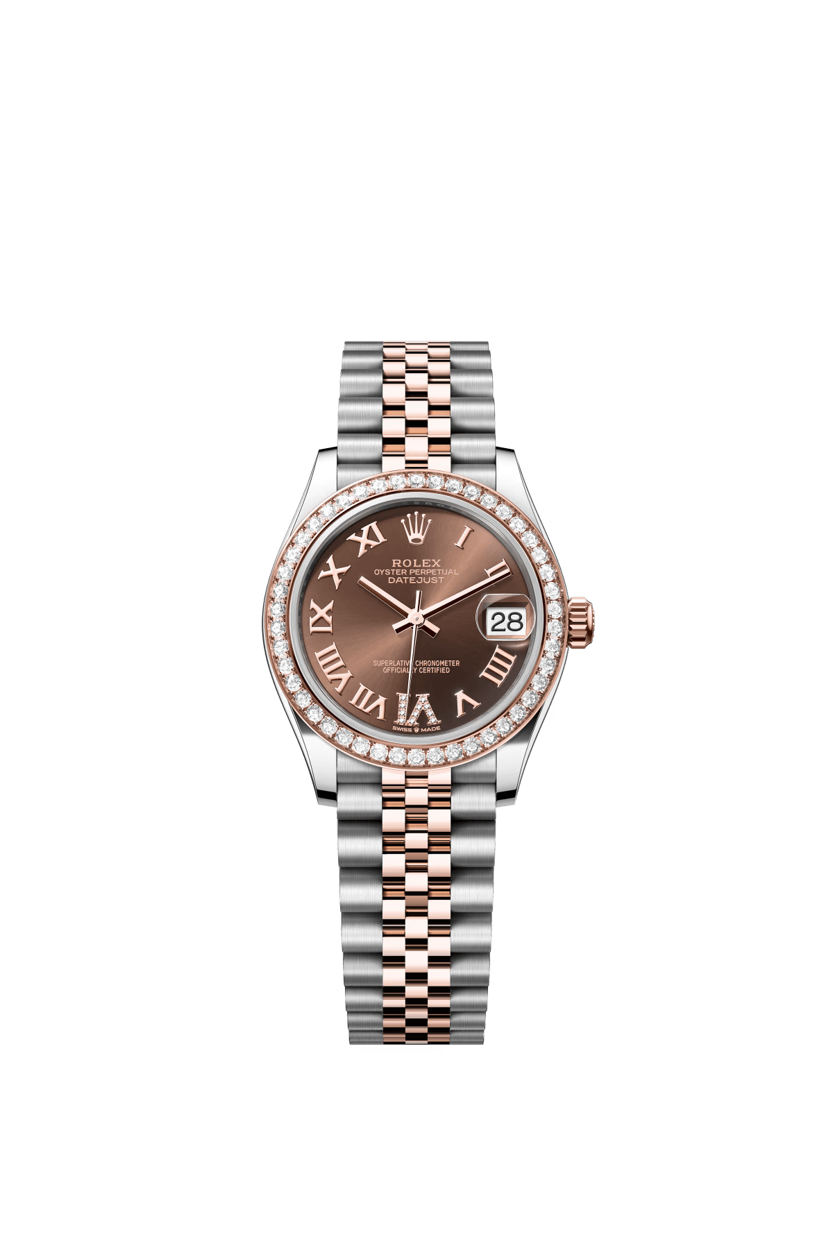 The Oyster Perpetual Datejust 31 is available in Everose gold and Oystersteel with a chocolate-coloured diamond-set dial and a Jubilee bracelet. -m278381rbr-0006