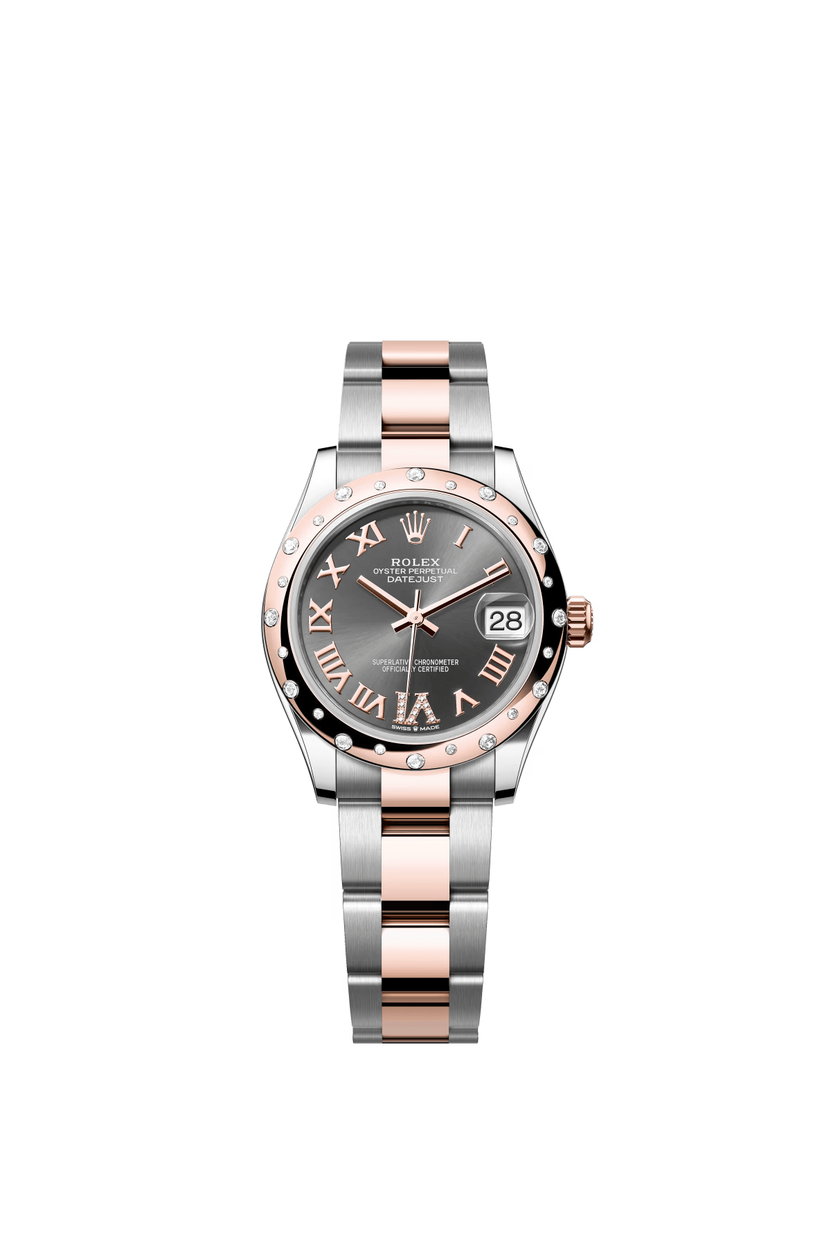 The Oyster Perpetual Datejust 31 is available in Everose gold and Oystersteel with a grey dial set with diamond plates and an Oyster bracelet. -m278341rbr-0029