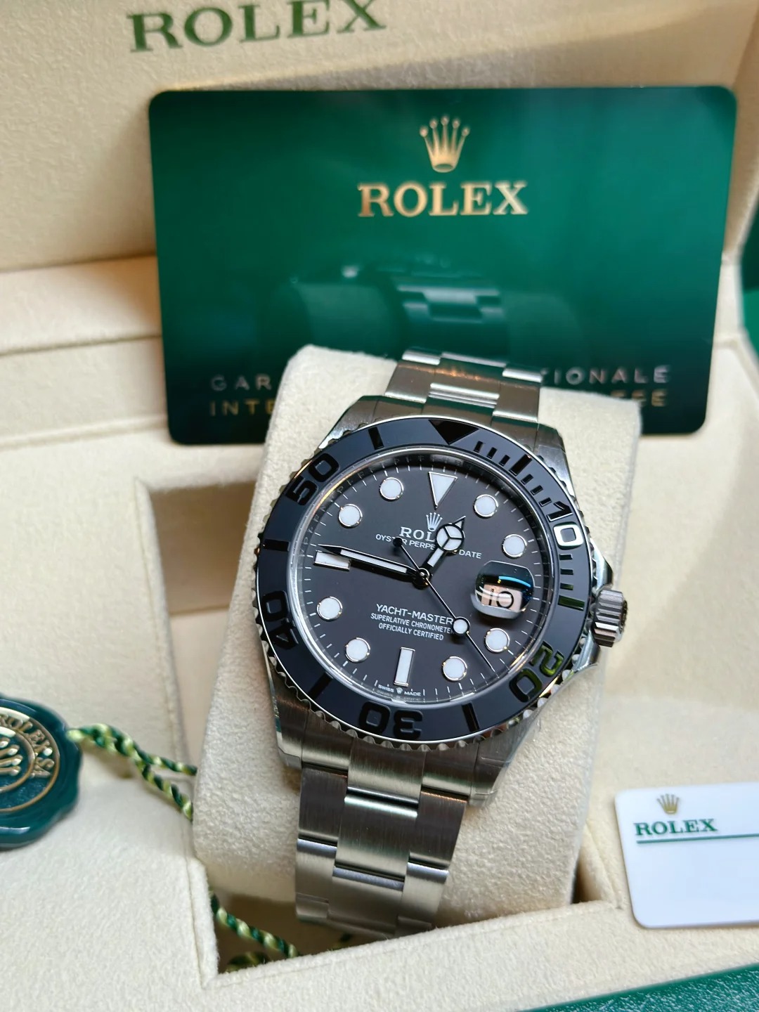 The Oyster Perpetual Yacht-Master 42 RLX Titanium with a mellow black dial and Oyster bracelet. -m226627-0001