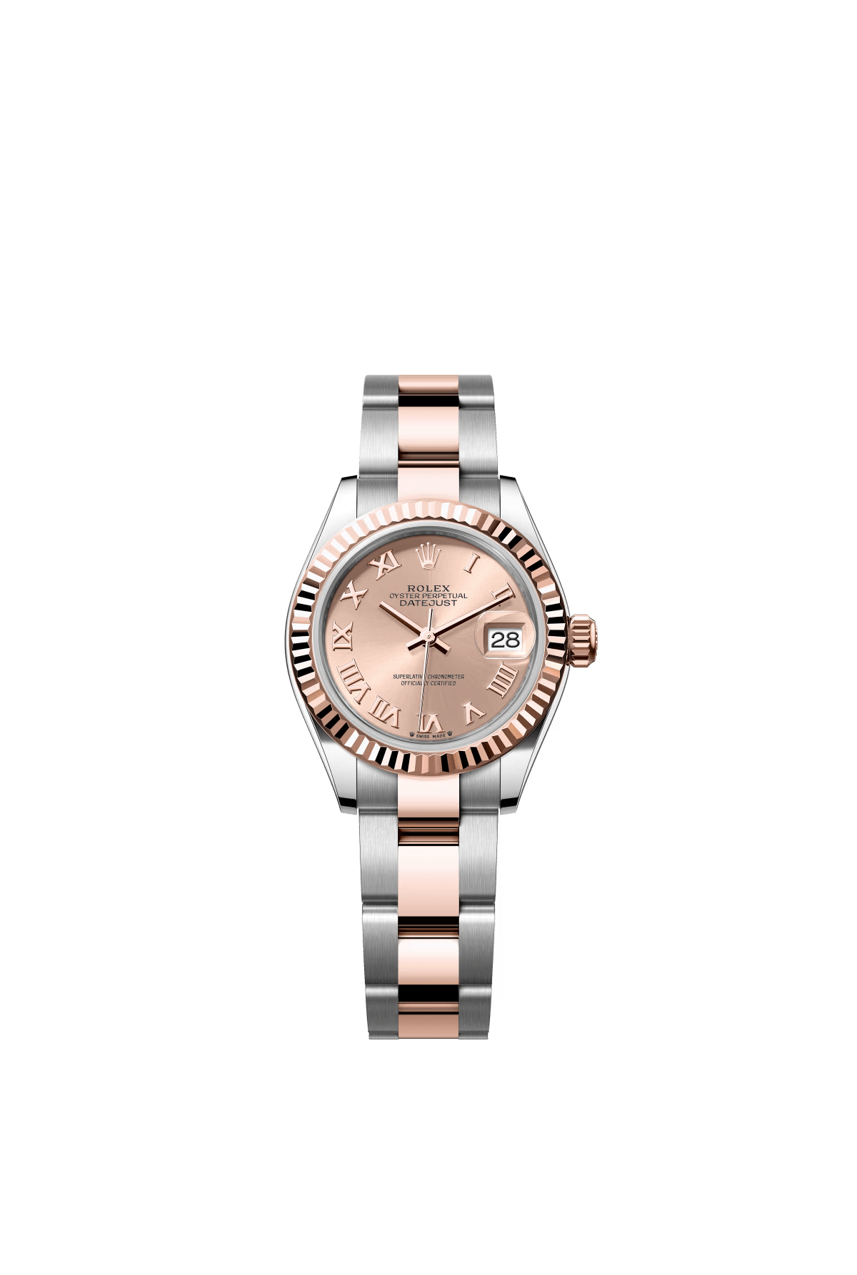 The Oyster Perpetual Lady-Datejust is available in Everose gold and Oystersteel, with a rose gold dial and an Oyster bracelet. -m279171-0026 28mm