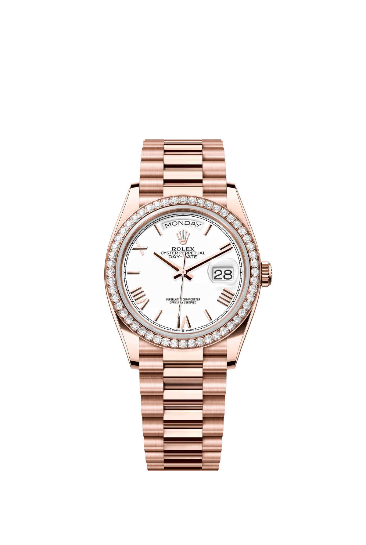 The Oyster Perpetual Day-Date 36 in 18-carat Everose gold with a white dial, diamond-set bezel and President bracelet. -m128345rbr-0070