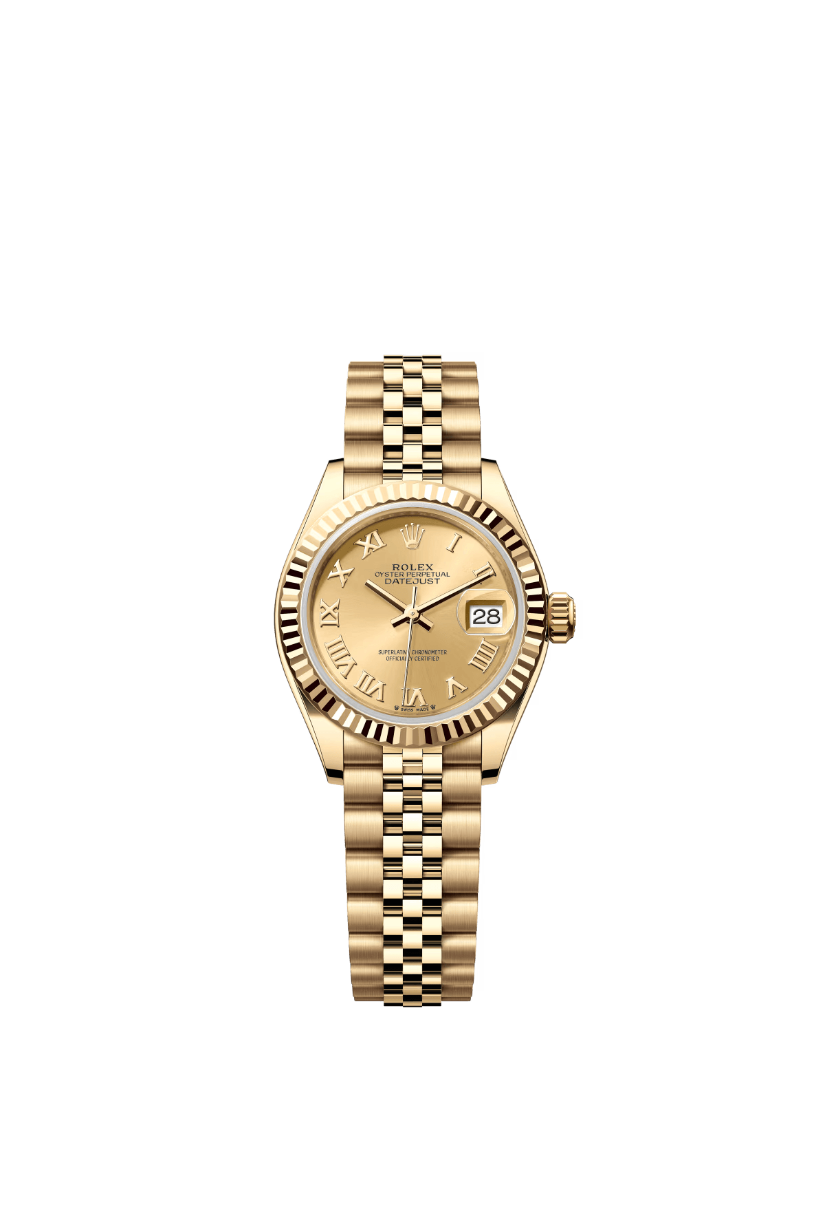 The Oyster Perpetual Lady-Datejust in 18 ct yellow gold with a champagne-coloured dial and a Jubilee bracelet. -m279178-0023 28mm