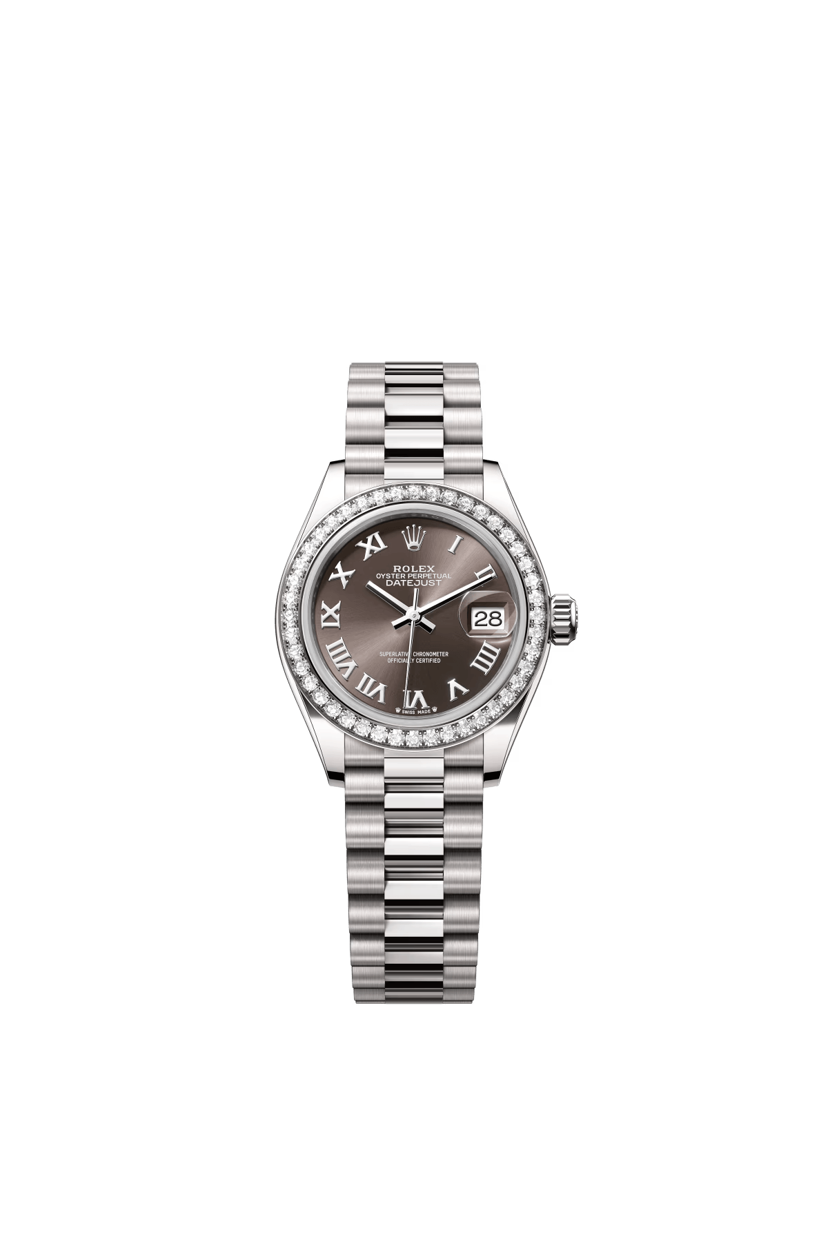 The Oyster Perpetual Lady-Datejust in 18K white gold with a dark grey dial and President bracelet. -m279139rbr-0010 28mm