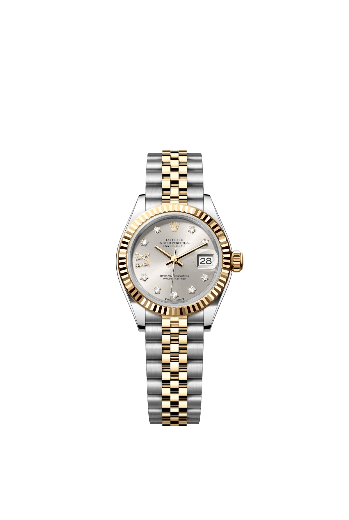 The Oyster Perpetual Lady-Datejust in yellow gold and Oystersteel with a silver-toned diamond-set dial and a Jubilee bracelet. -m279173-0003 28mm