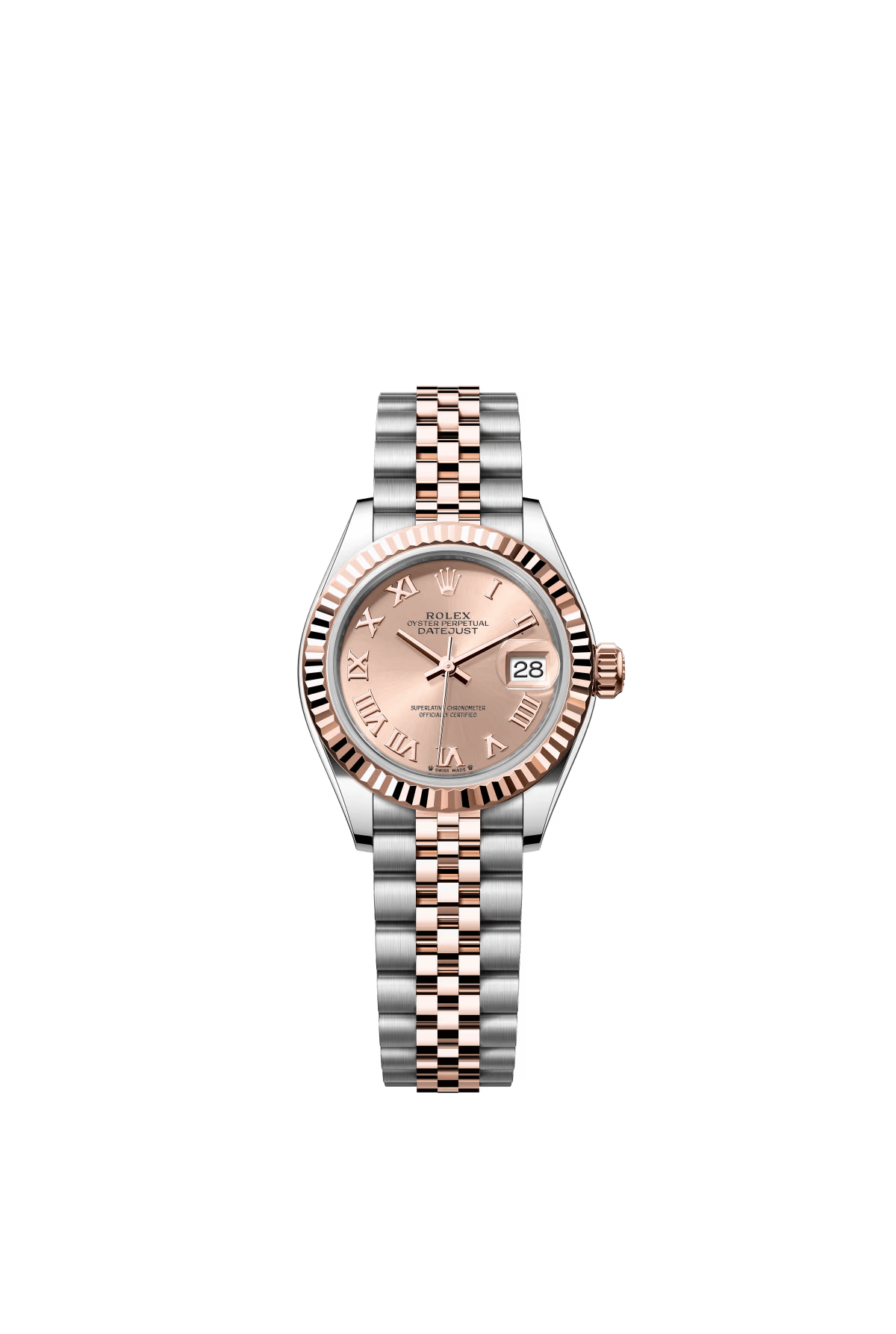 The Oyster Perpetual Lady-Datejust is available in Everose gold and Oystersteel with a rose gold-tone dial and a Jubilee bracelet. -m279171-0025 28mm