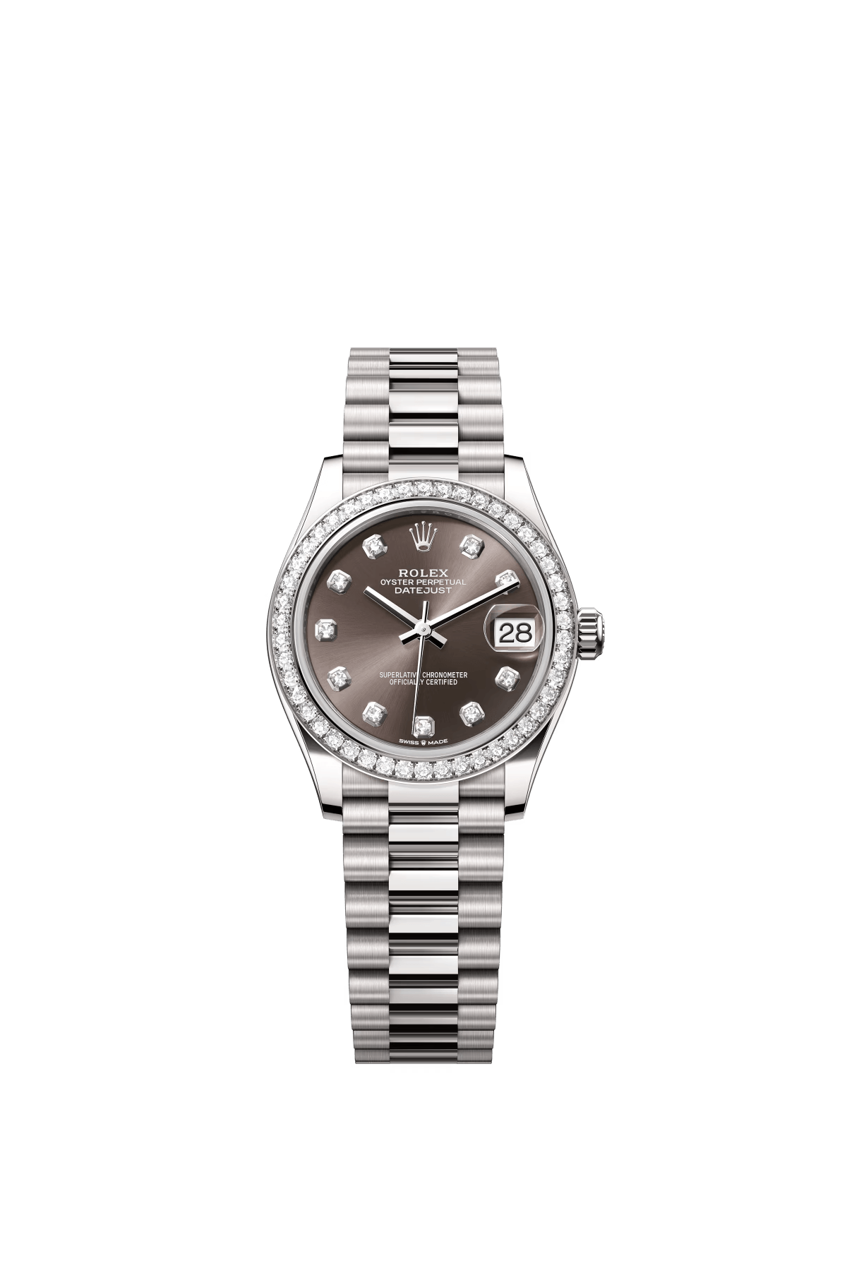 The Oyster Perpetual Datejust 31 is available in 18 ct white gold with a diamond-set dark grey dial and a President bracelet. -m278289rbr-0006