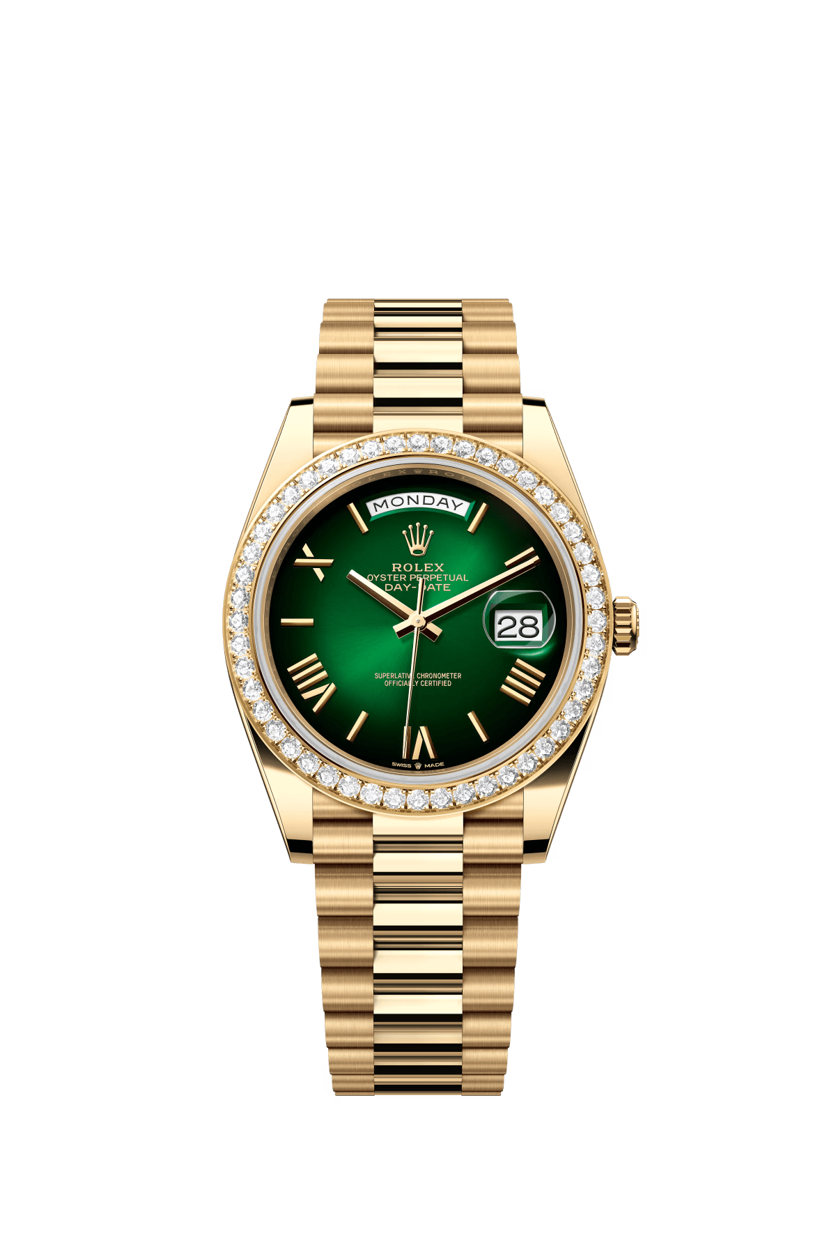 The Oyster Perpetual Day-Date 40 in 18 ct yellow gold with a gradient green dial, diamond-set bezel and President bracelet. -m228348rbr-0045