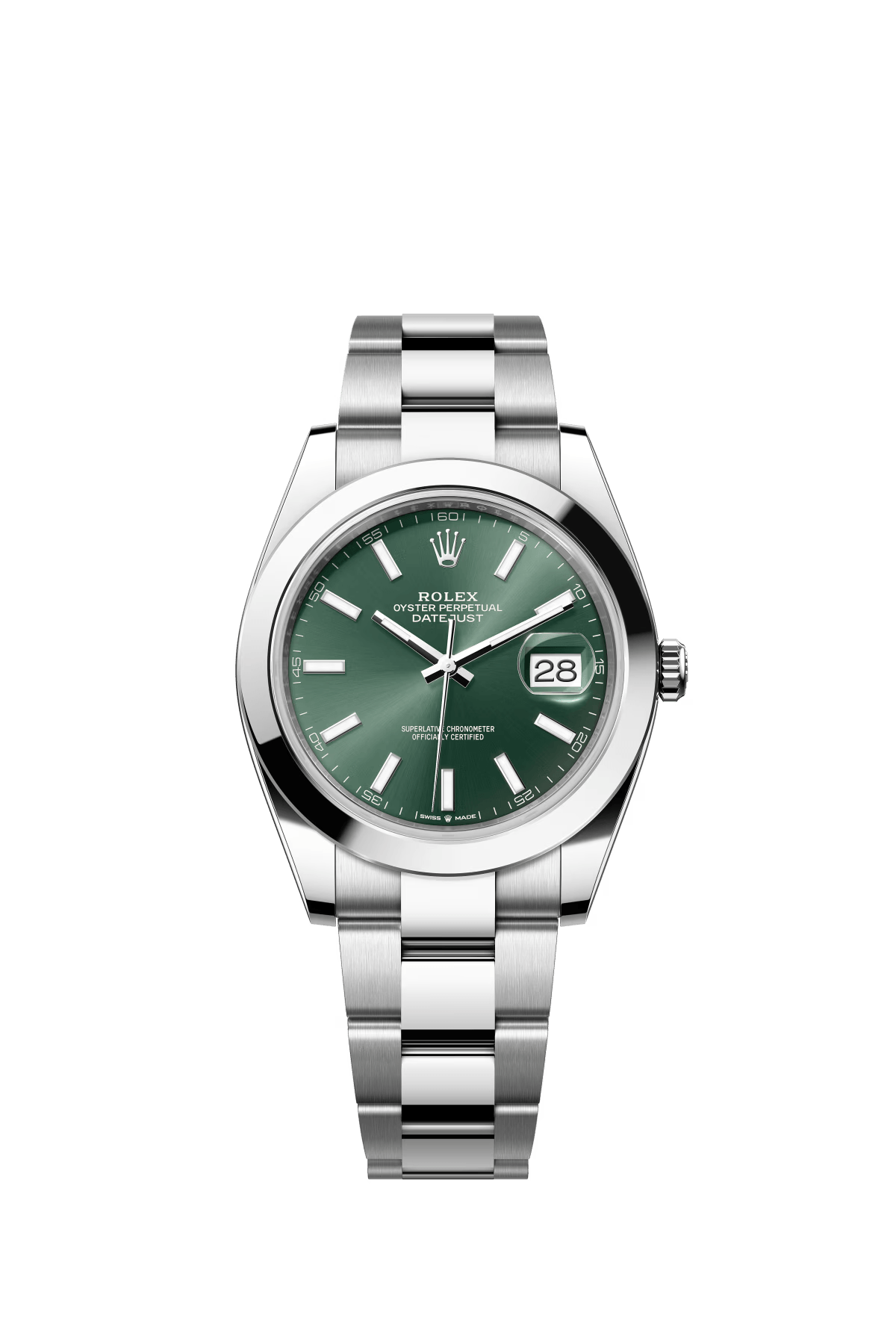 The Oyster Perpetual Datejust 41 is available in Oysteel with a mint green dial and an Oyster bracelet. -m126300-0019