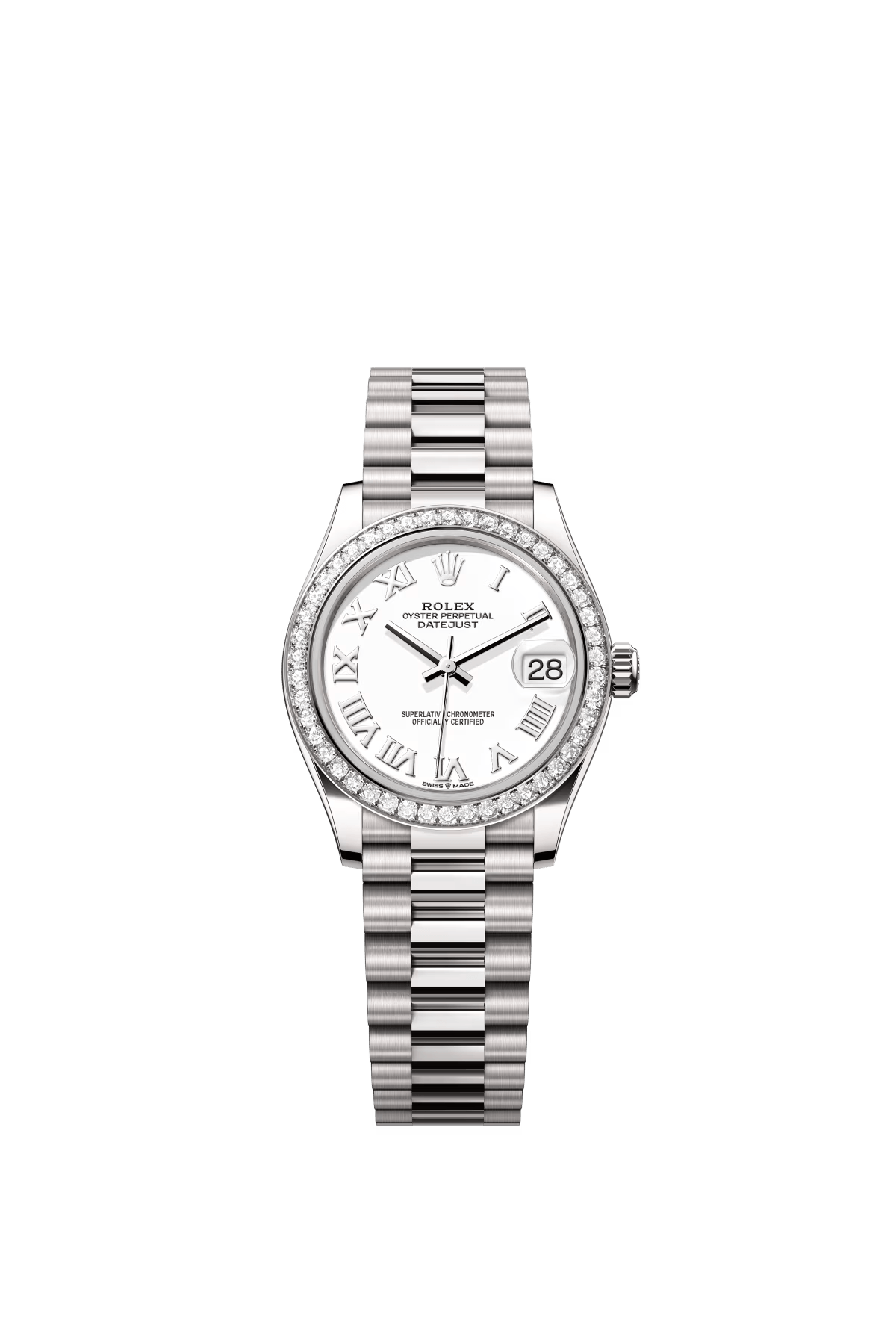The Oyster Perpetual Datejust 31 is available in 18 ct white gold with a white dial and a President bracelet. -m278289rbr-0007
