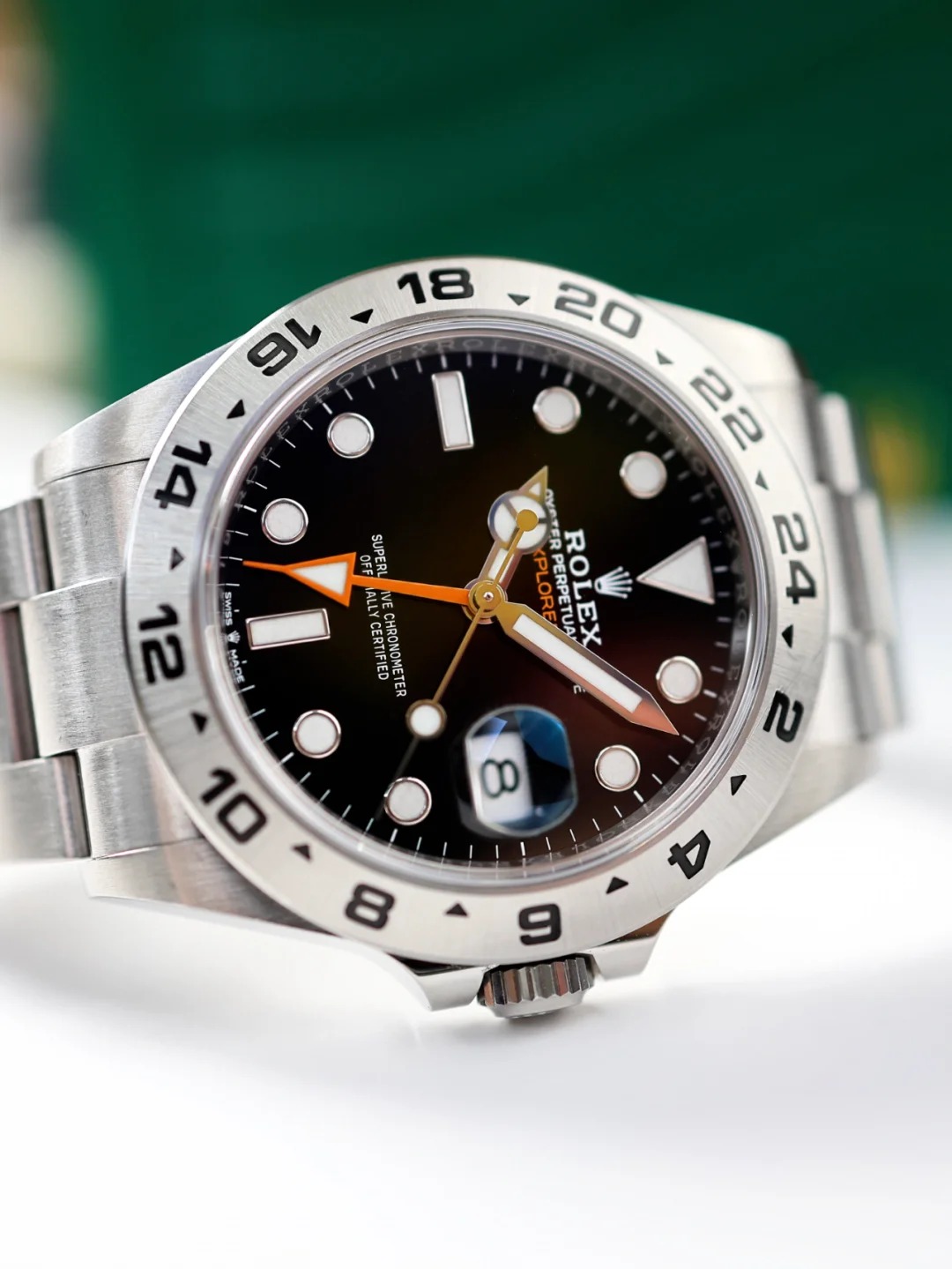 The Oyster Perpetual Explorer II is made of Oyster steel with an Oyster bracelet and a black dial with arrow-shaped 24-hour hands and hour markers coated with Chromalight. -m226570-0002 42mm