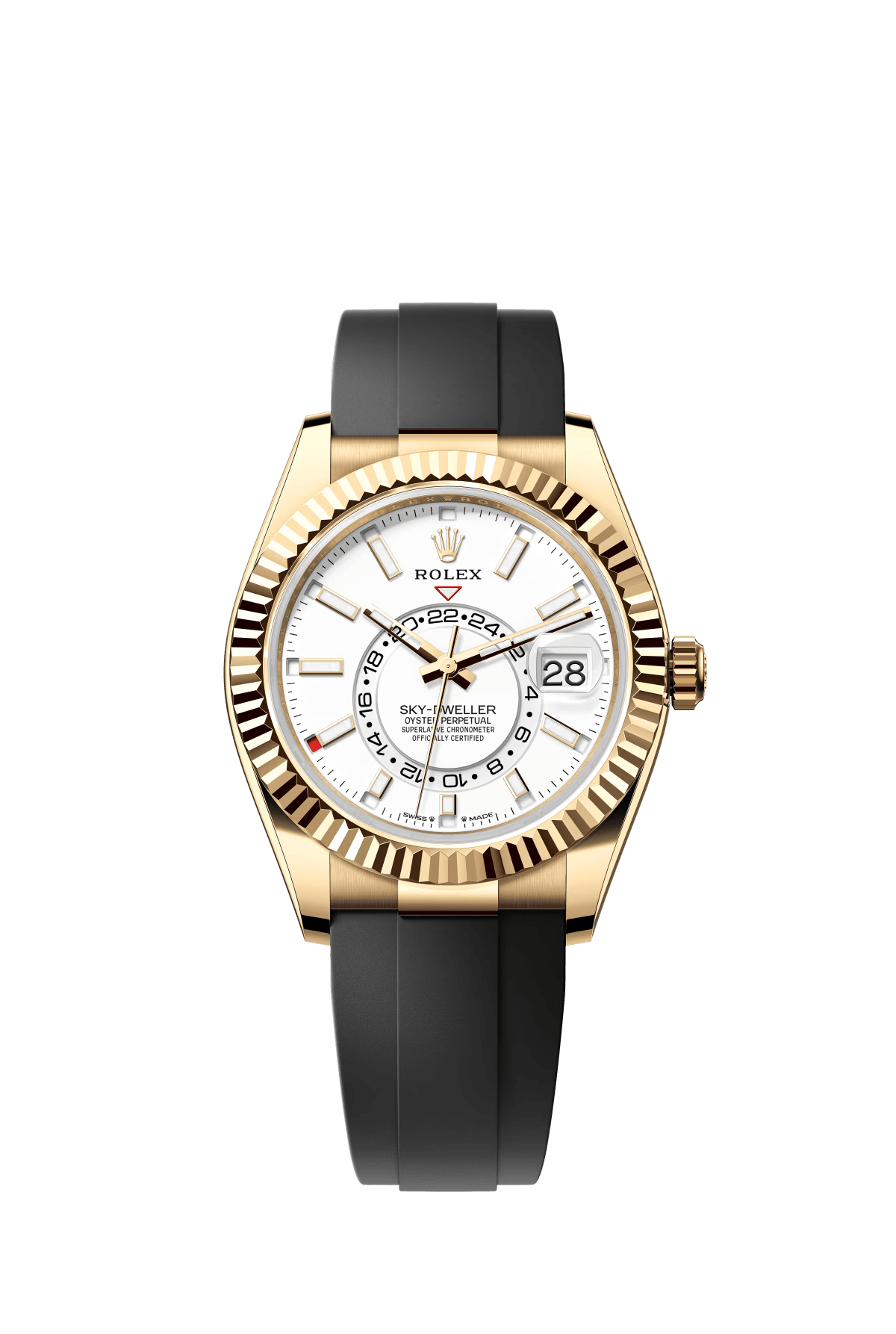 The Oyster Perpetual Sky-Dweller is available in 18 ct yellow gold with a mellow white dial and an Oysterflex bracelet. -m336238-0003 42mm
