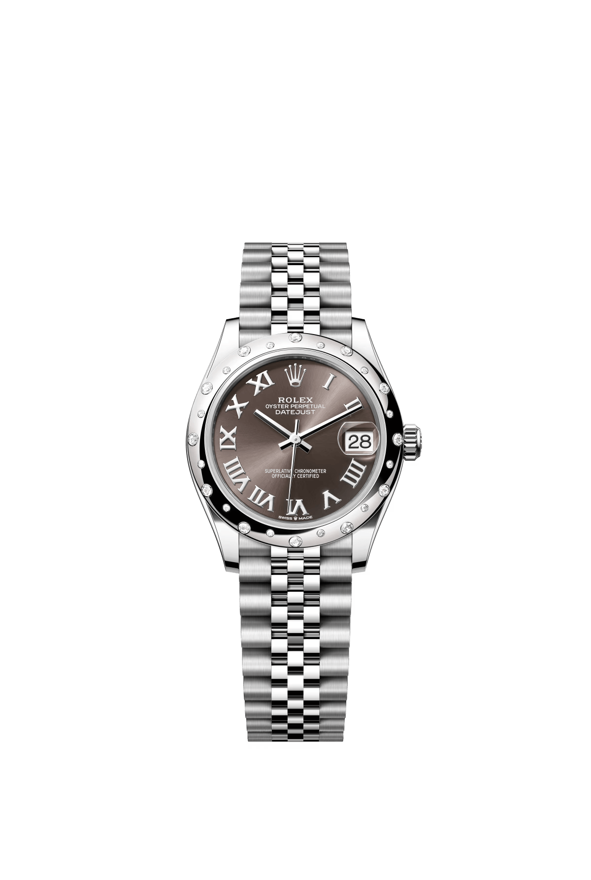 The Oyster Perpetual Datejust 31 is available in white gold and Oystersteel with a dark grey dial and a Jubilee bracelet. -m278344rbr-0024