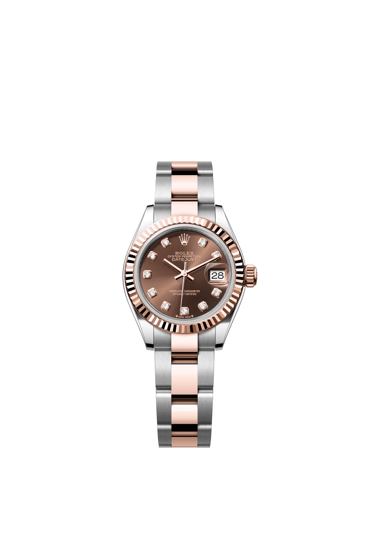 The Oyster Perpetual Lady-Datejust in Everose gold and Oystersteel with a chocolate-coloured diamond-set dial and an Oyster bracelet. -m279171-0012 28mm