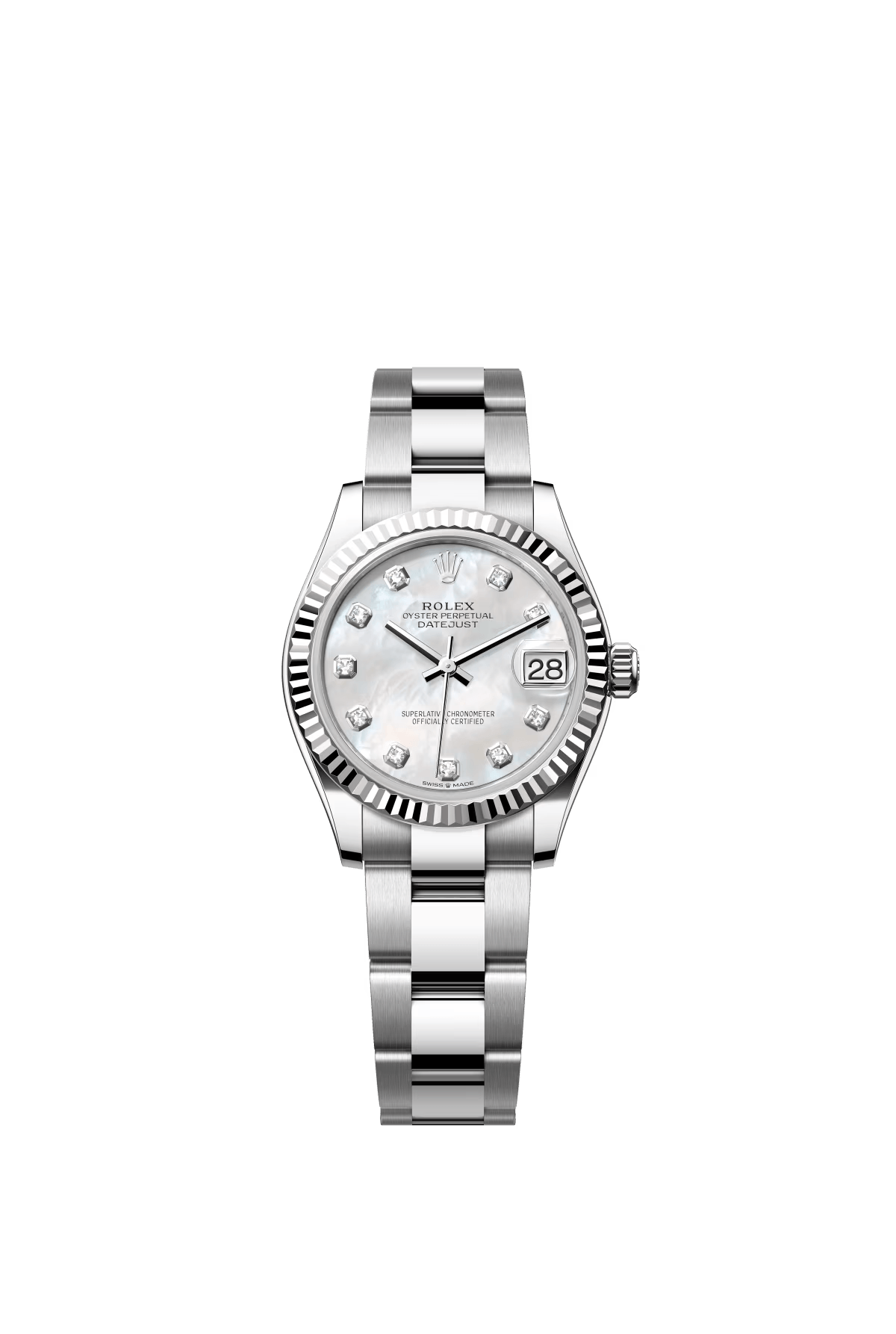 The Oyster Perpetual Datejust 31 is available in white gold and Oystersteel, with a diamond-set white mother-of-pearl dial and an Oyster bracelet. -m278274-0005