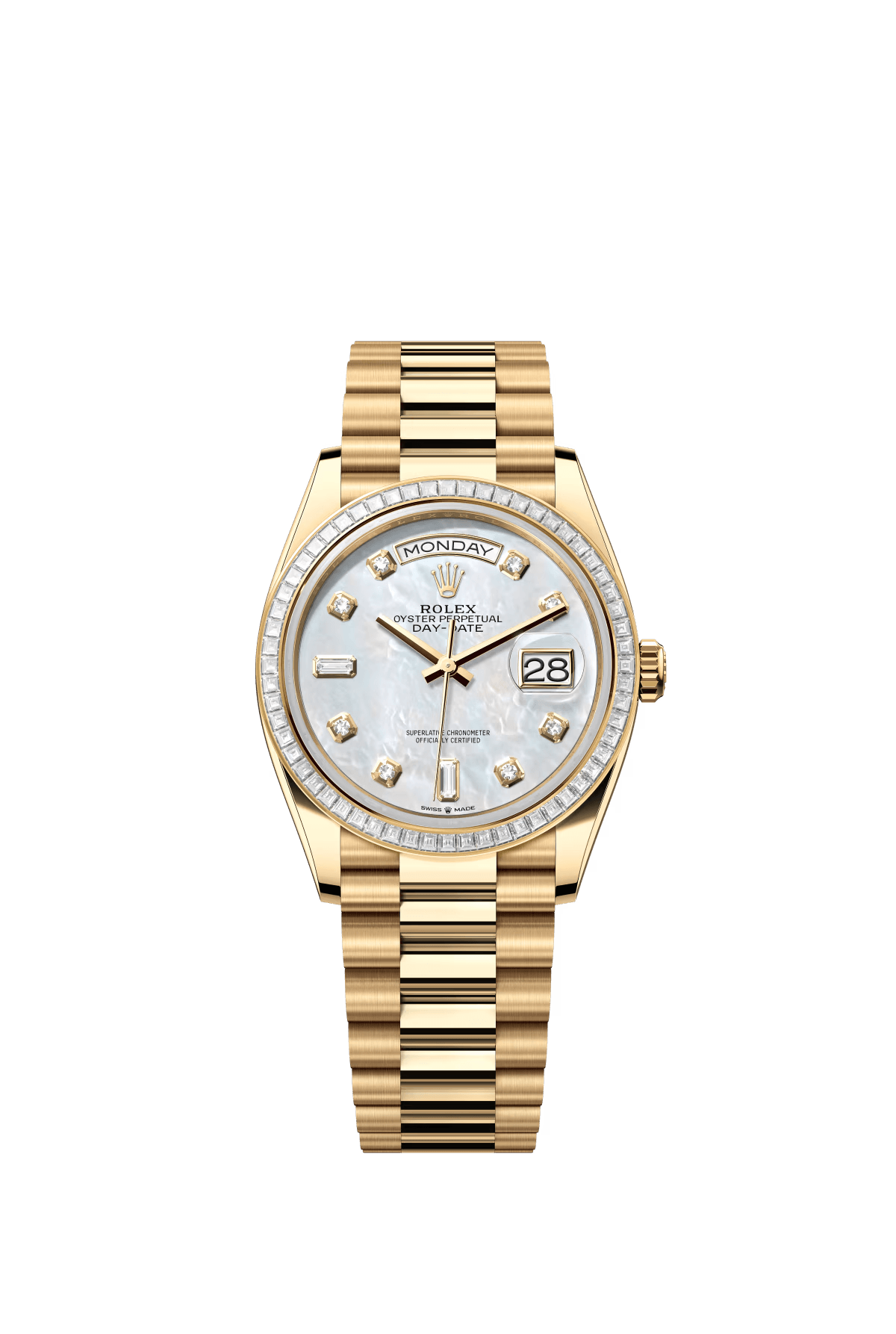 The Oyster Perpetual Day-Date 36 in 18 ct yellow gold with a diamond-set white mother-of-pearl dial, diamond-set bezel and President bracelet. -m128398tbr-0004