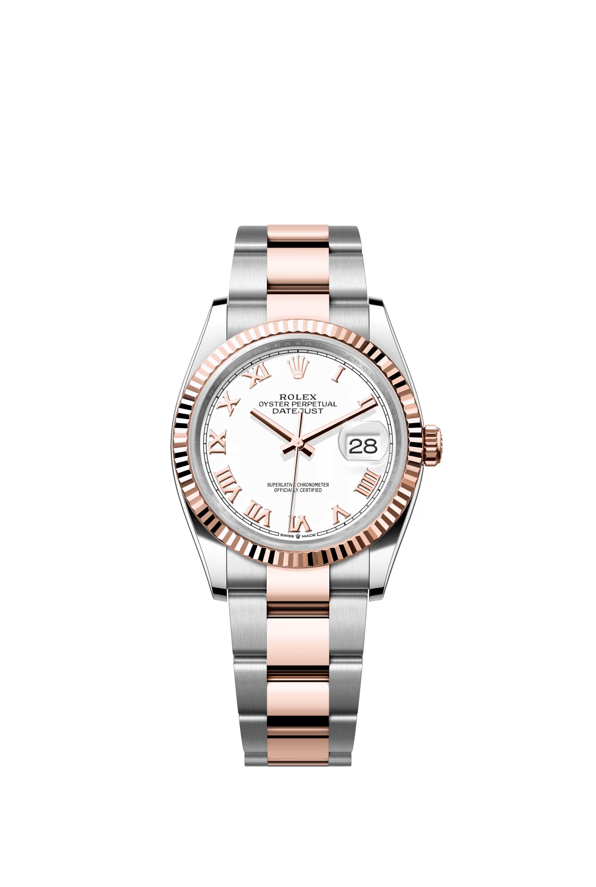 The Oyster Perpetual Datejust 36 is available in Everose gold and Oystersteel, with a white dial and an Oyster bracelet. -m126231-0016