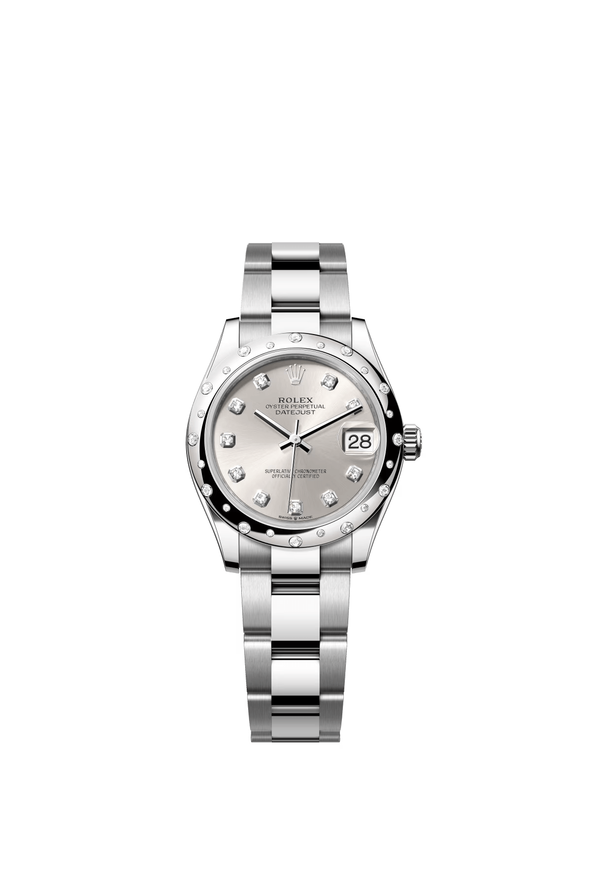 The Oyster Perpetual Datejust 31 is available in white gold and Oysteel, with a diamond-set silver dial and an Oyster bracelet. -m278344rbr-0031