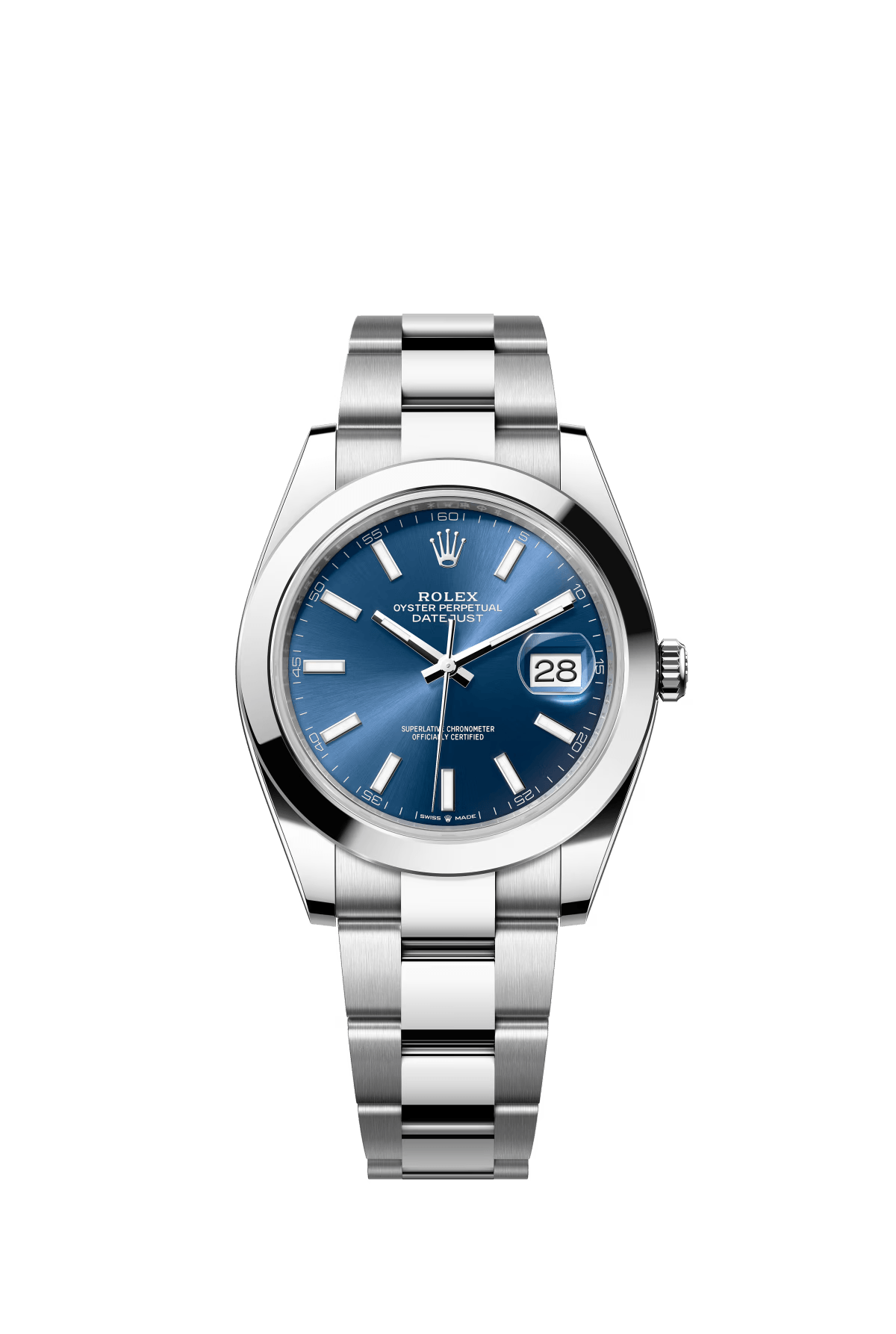 The Oyster Perpetual Datejust 41 is available in Oystersteel with a bright blue dial and an Oyster bracelet. -m126300-0001