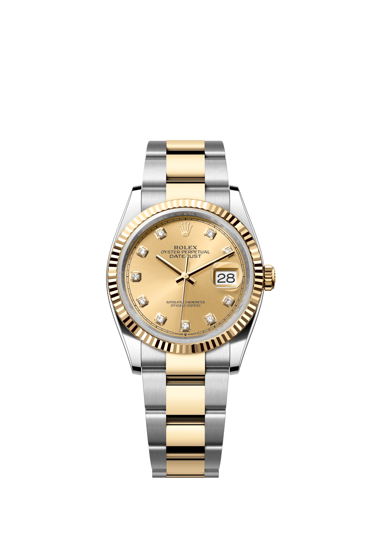 The Oyster Perpetual Datejust 36 in yellow gold and Oysteel with a diamond-set champagne dial and an Oyster bracelet. -m126233-0018
