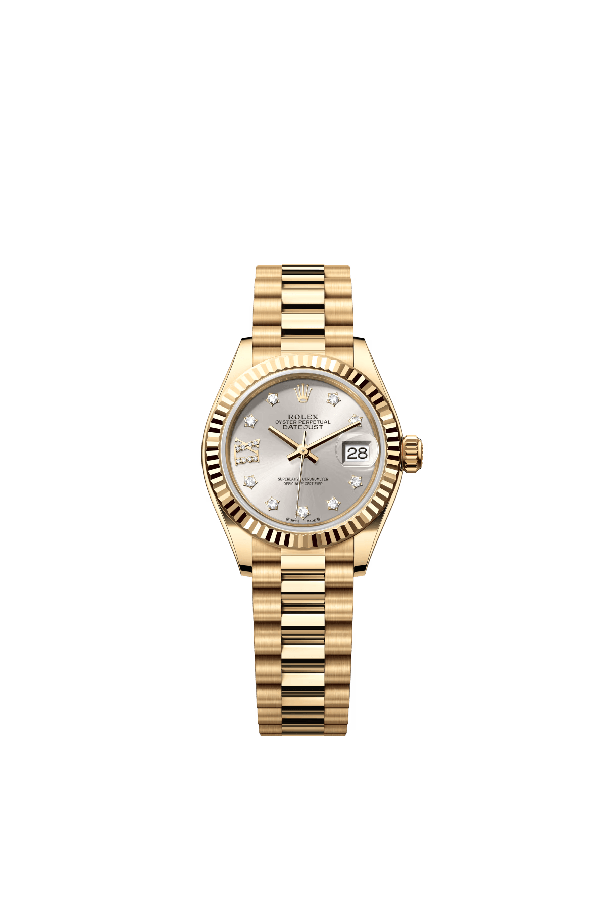 The Oyster Perpetual Lady-Datejust in 18 ct yellow gold with a diamond-set silver dial and a President bracelet. -m279178-0002 28mm