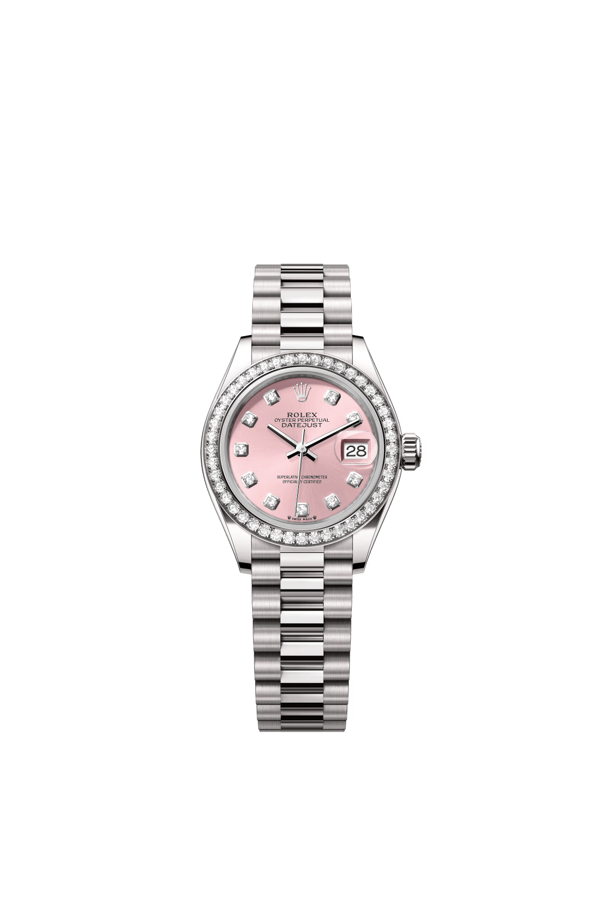 The Oyster Perpetual Lady-Datejust in 18 ct white gold with a pink diamond-set dial and President bracelet. -m279139rbr-0005 28mm