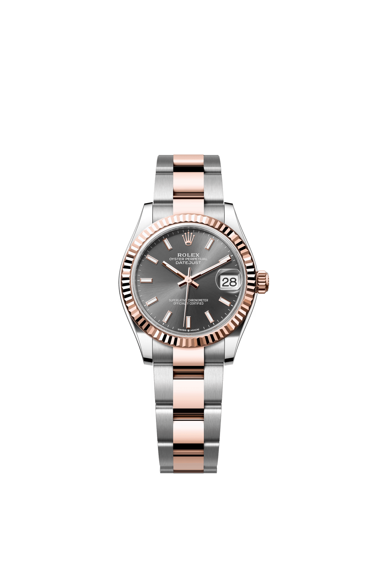 The Oyster Perpetual Datejust 31 is available in Everose gold and Oystersteel, with a slate grey dial and an Oyster bracelet. -m278271-0017