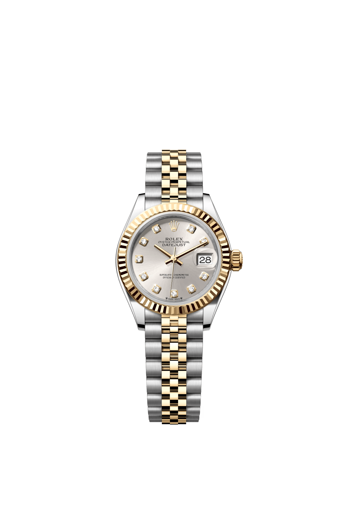 The Oyster Perpetual Lady-Datejust in yellow gold and Oystersteel with a silver-toned diamond-set dial and a Jubilee bracelet. -m279173-0007 28mm