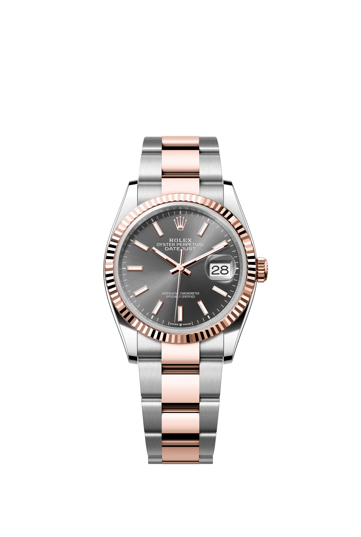 The Oyster Perpetual Datejust 36 is available in Everose gold and Oystersteel, with a slate grey dial and an Oyster bracelet. -m126231-0014