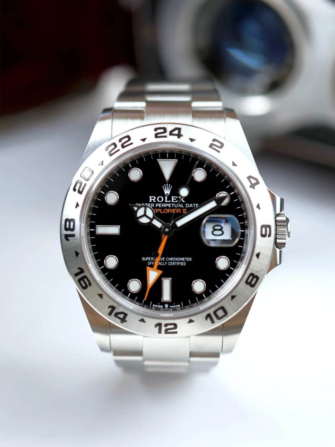 The Oyster Perpetual Explorer II is made of Oyster steel with an Oyster bracelet and a black dial with arrow-shaped 24-hour hands and hour markers coated with Chromalight. -m226570-0002 42mm