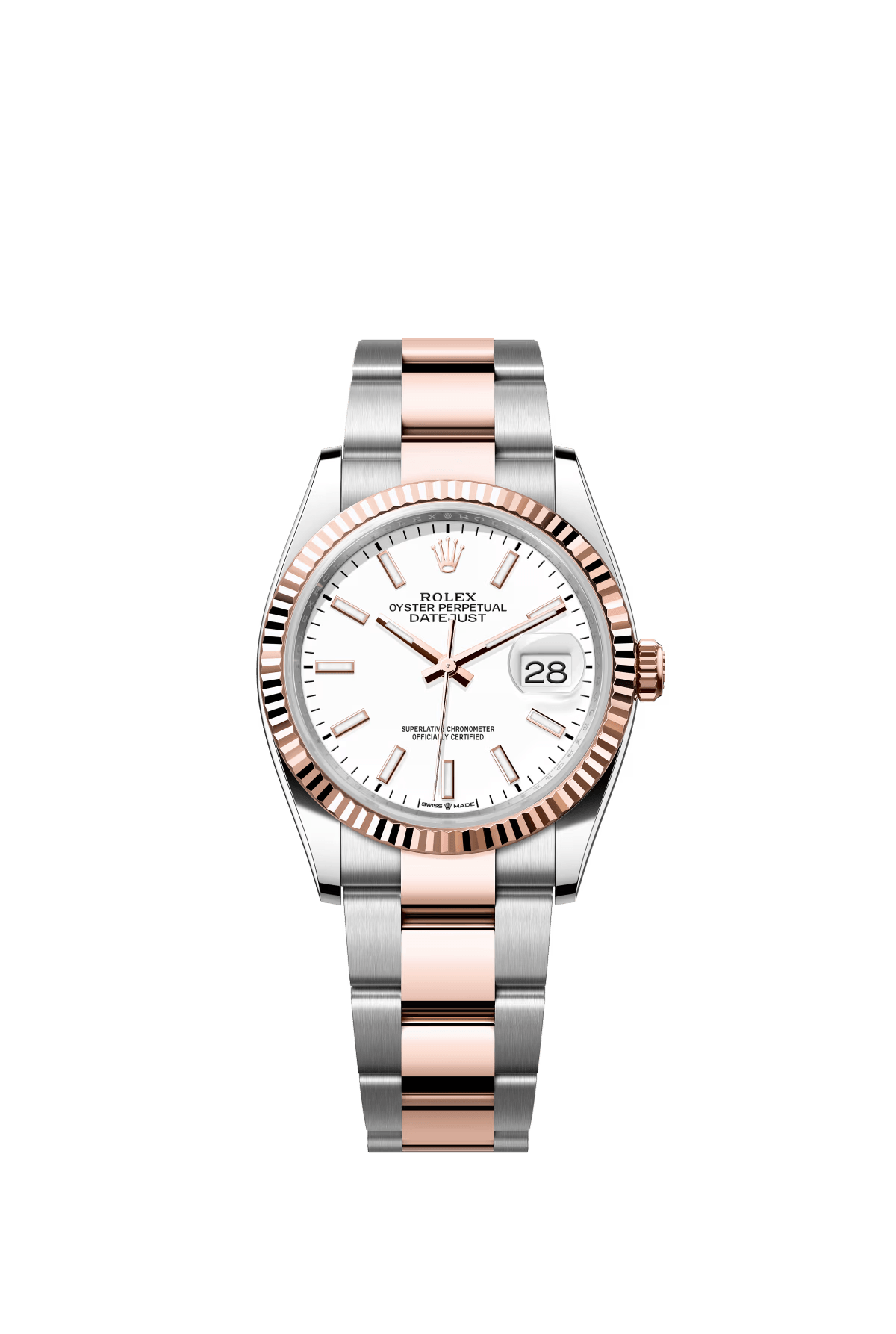 The Oyster Perpetual Datejust 36 is available in Everose gold and Oystersteel, with a white dial and an Oyster bracelet. -m126231-0018