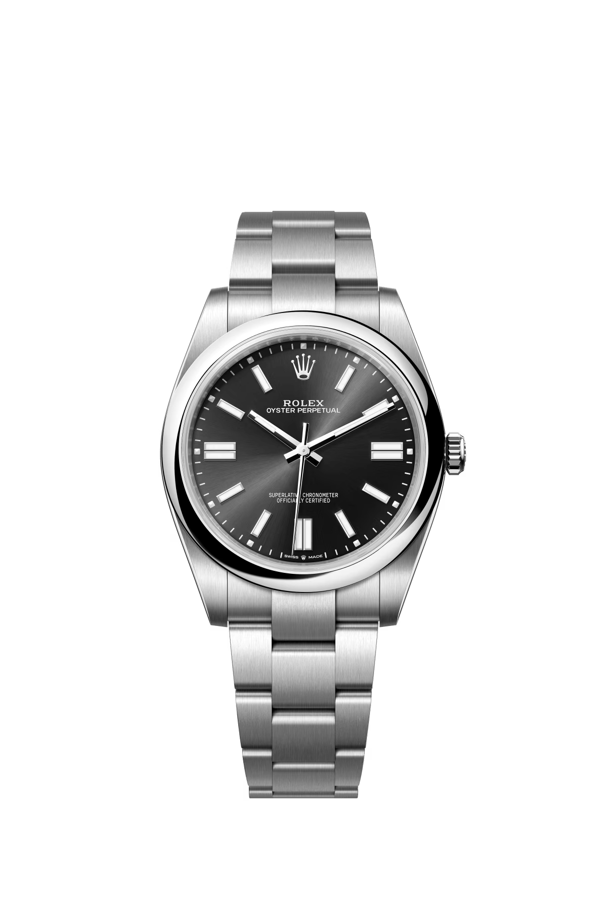The Oyster Perpetual 41 is presented with a glossy black dial and an Oyster bracelet. -m124300-0002