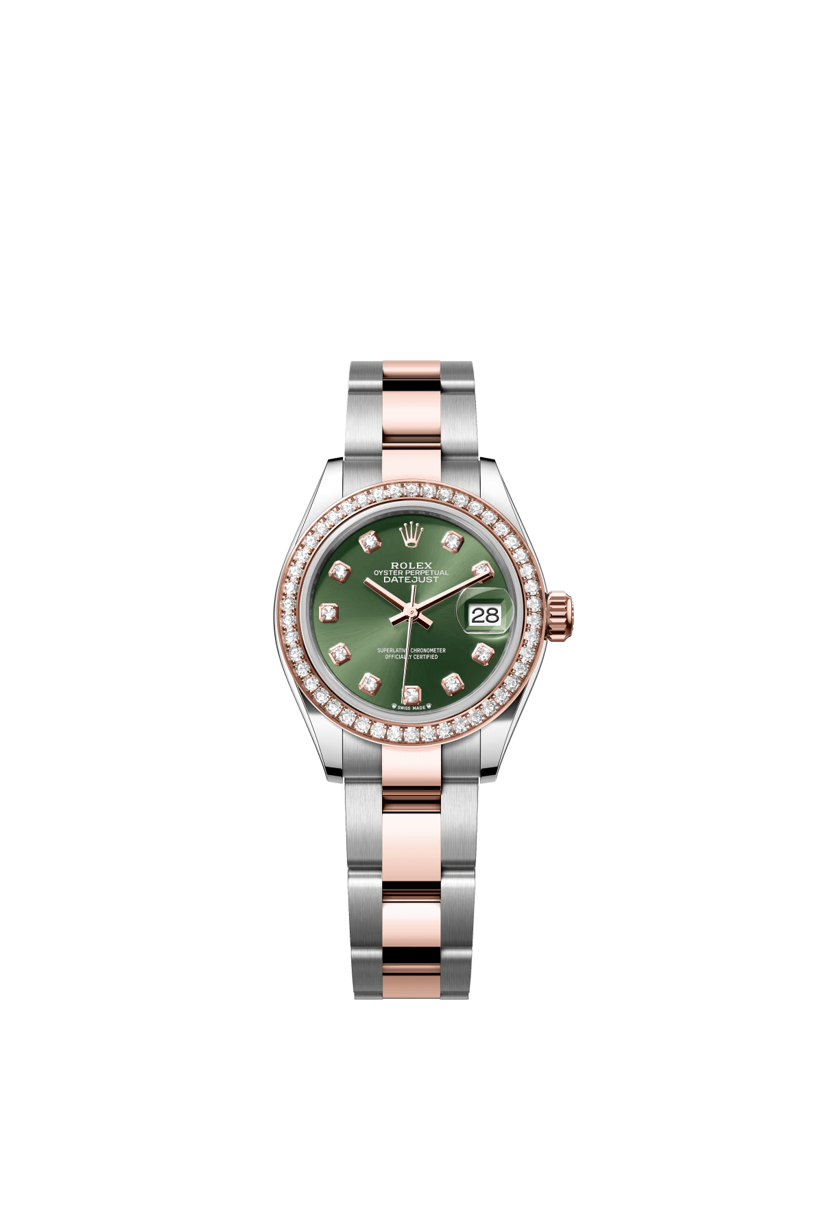 The Oyster Perpetual Lady-Datejust in Everose gold and Oystersteel with a diamond-set olive green dial and an Oyster bracelet. -m279381rbr-0008 28mm