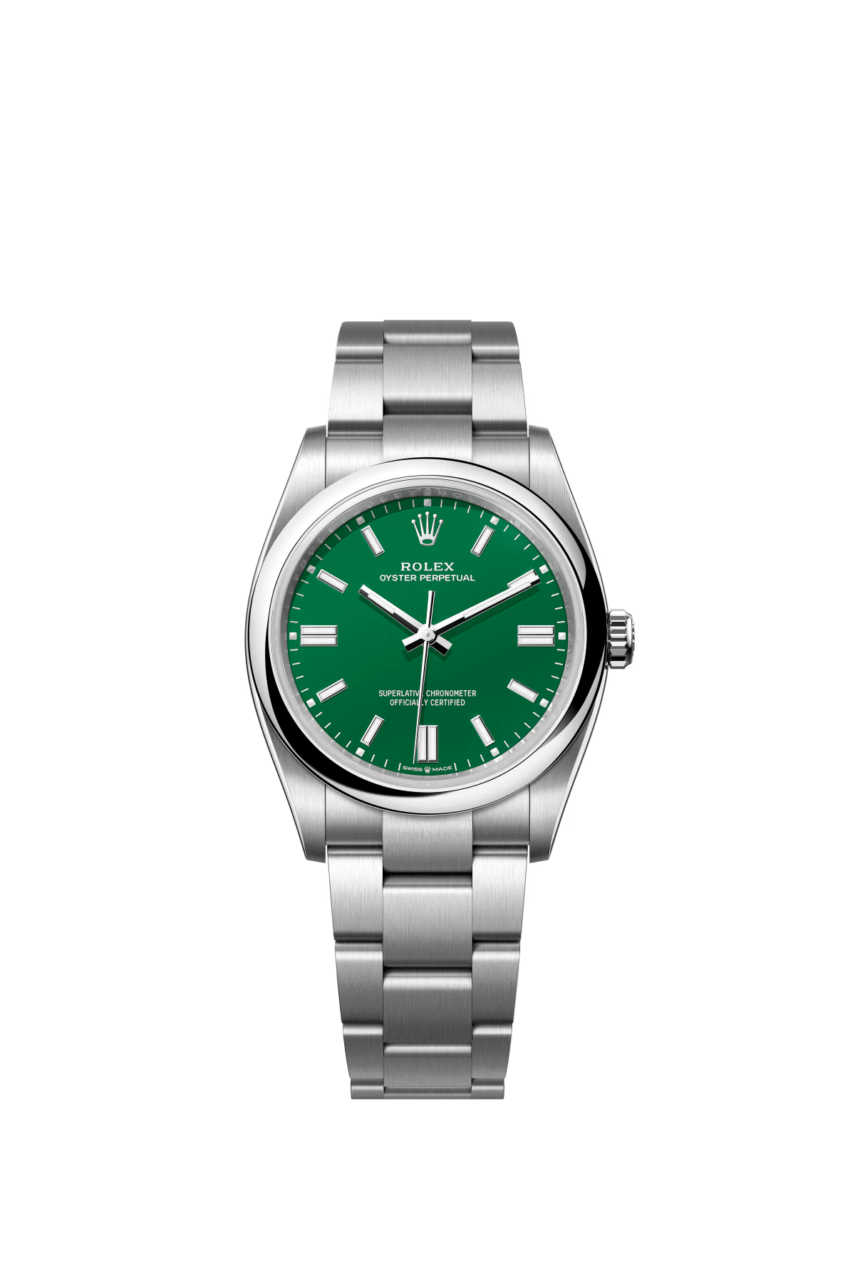 The Oyster Perpetual 36 is presented with a green dial and an Oyster bracelet. -m126000-0005