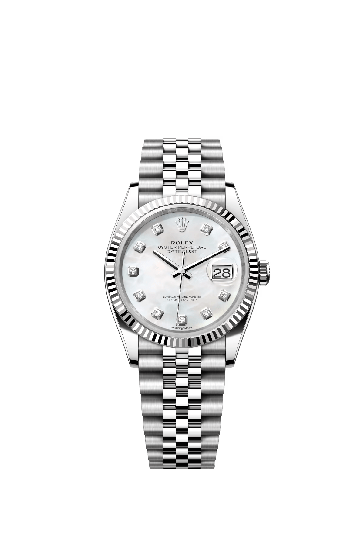 The Oyster Perpetual Datejust 36 in white gold and Oystersteel with a diamond-set white mother-of-pearl dial and a Jubilee bracelet. -m126234-0019