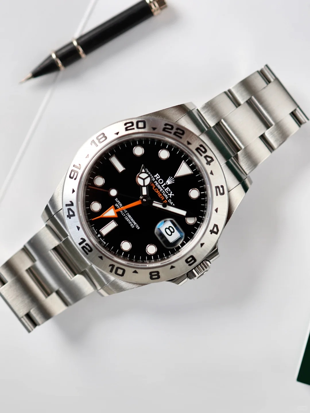 The Oyster Perpetual Explorer II is made of Oyster steel with an Oyster bracelet and a black dial with arrow-shaped 24-hour hands and hour markers coated with Chromalight. -m226570-0002 42mm