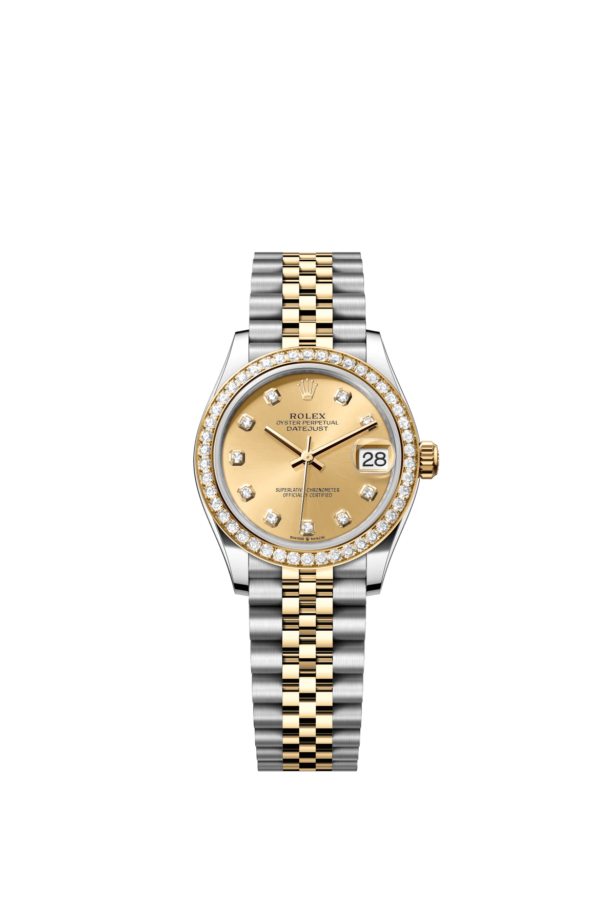 The Oyster Perpetual Datejust 31 is available in yellow gold and Oystersteel, with a champagne-coloured diamond-set dial and a Jubilee bracelet. -m278383rbr-0026