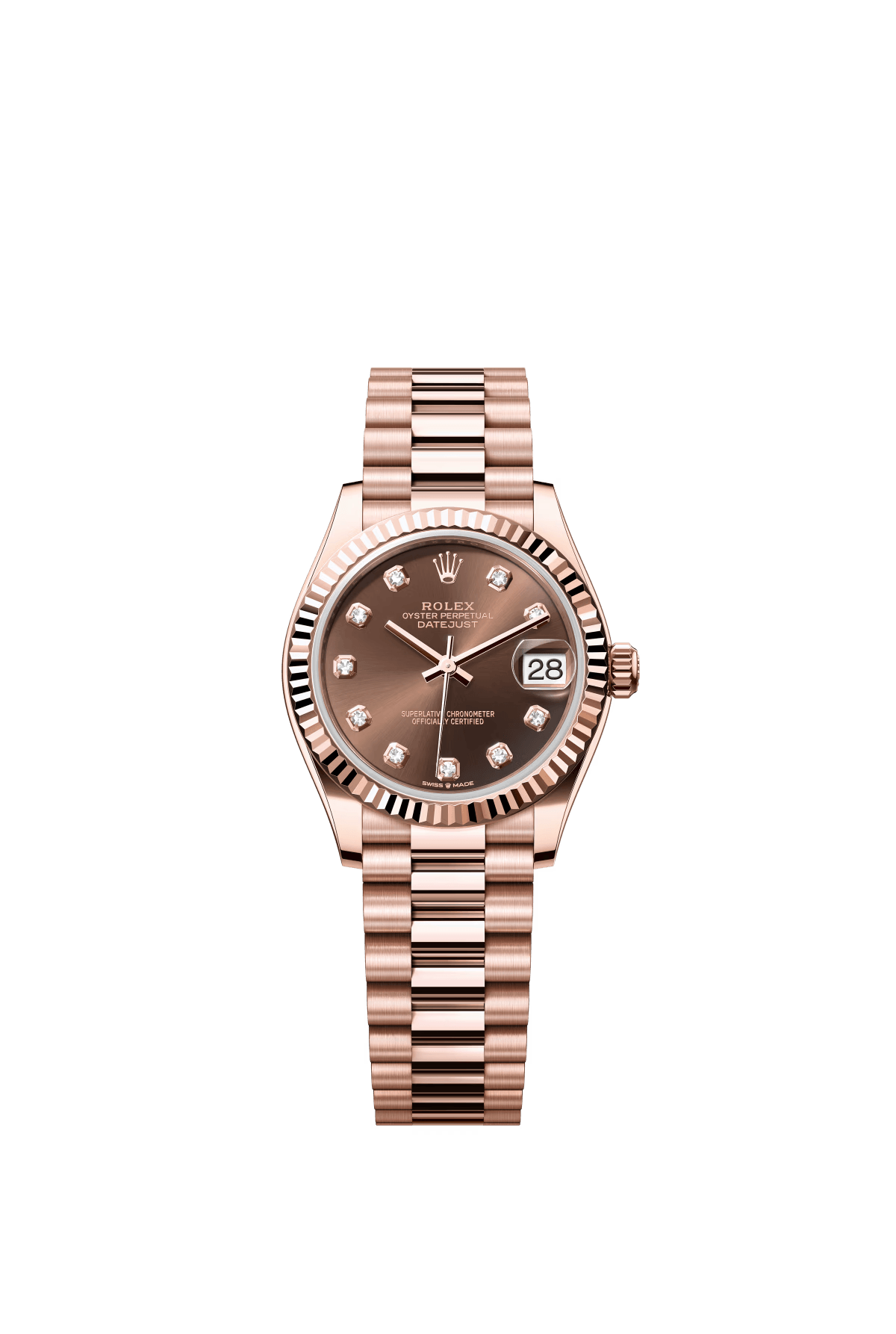 The Oyster Perpetual Datejust 31 in 18 ct Everose gold with a chocolate-coloured diamond-set dial and a President bracelet. -m278275-0010