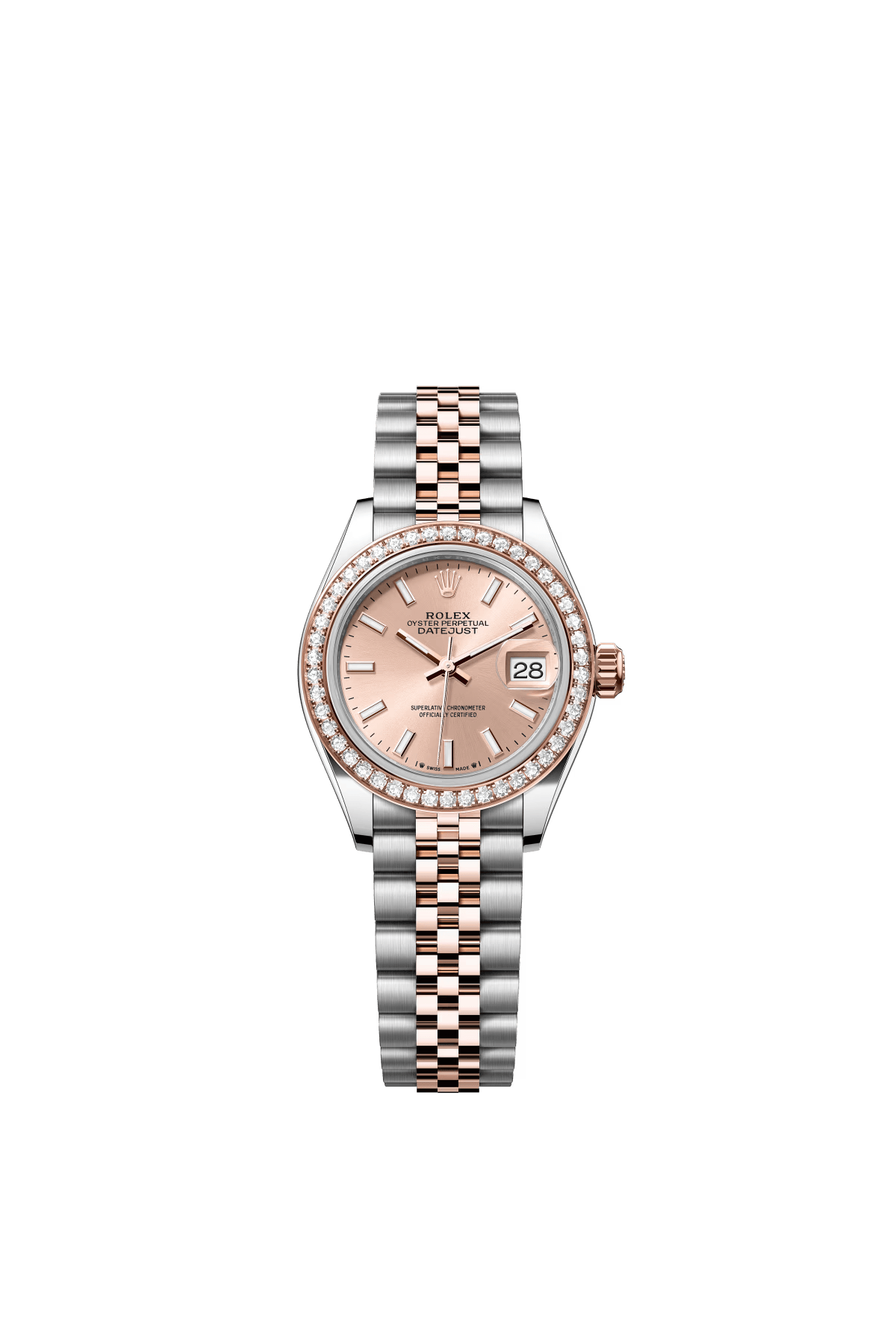 The Oyster Perpetual Lady-Datejust is available in Everose gold and Oystersteel with a rose gold-tone dial and a Jubilee bracelet. -m279381rbr-0023 28mm