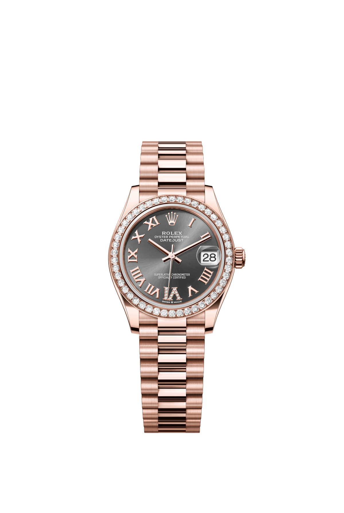 The Oyster Perpetual Datejust 31 in 18 ct Everose gold with a grey diamond-set dial and a President bracelet. -m278285rbr-0027