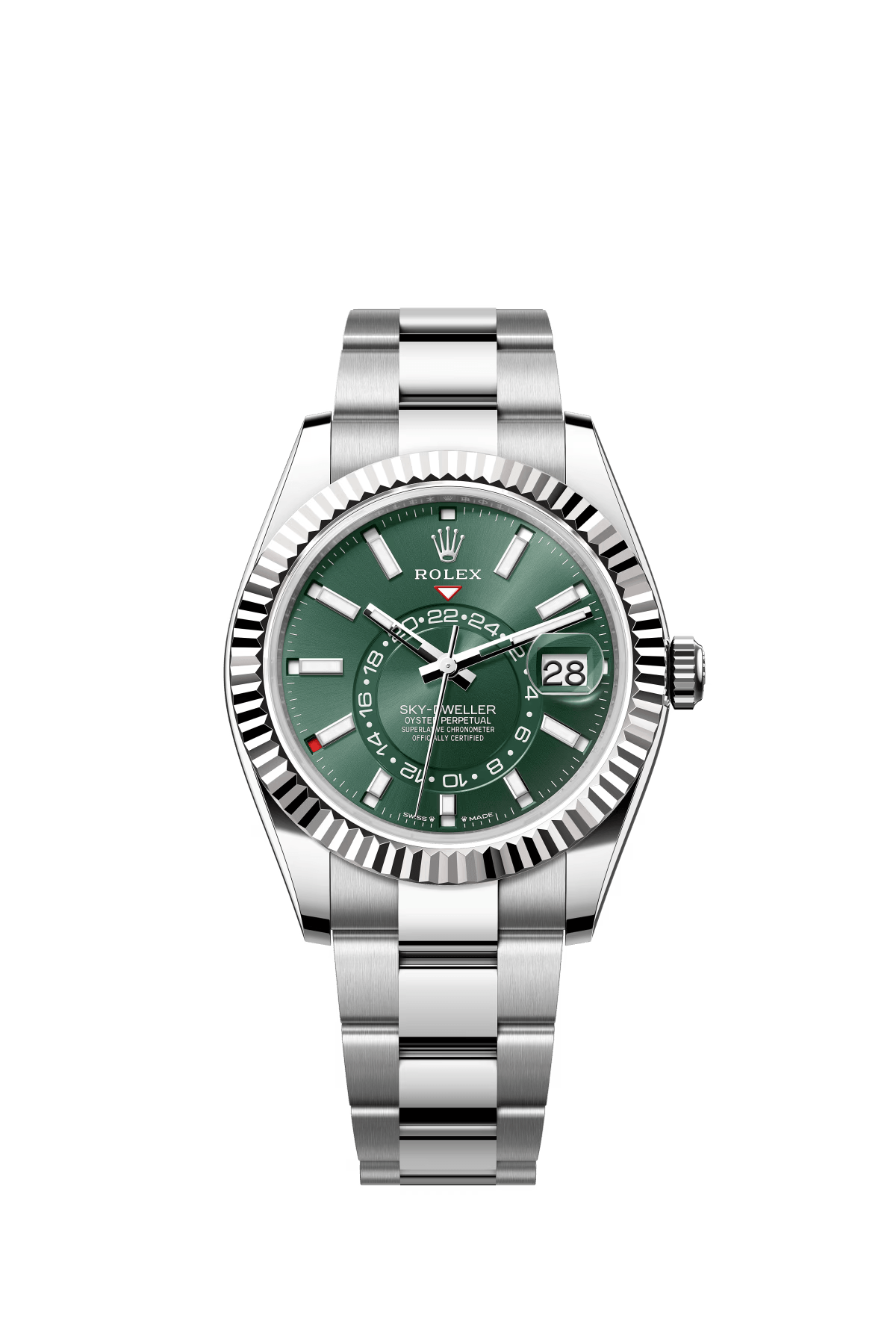 The Oyster Perpetual Sky-Dweller is available in white gold and Oysteel with a mint green dial and an Oyster bracelet. -m336934-0001 42mm