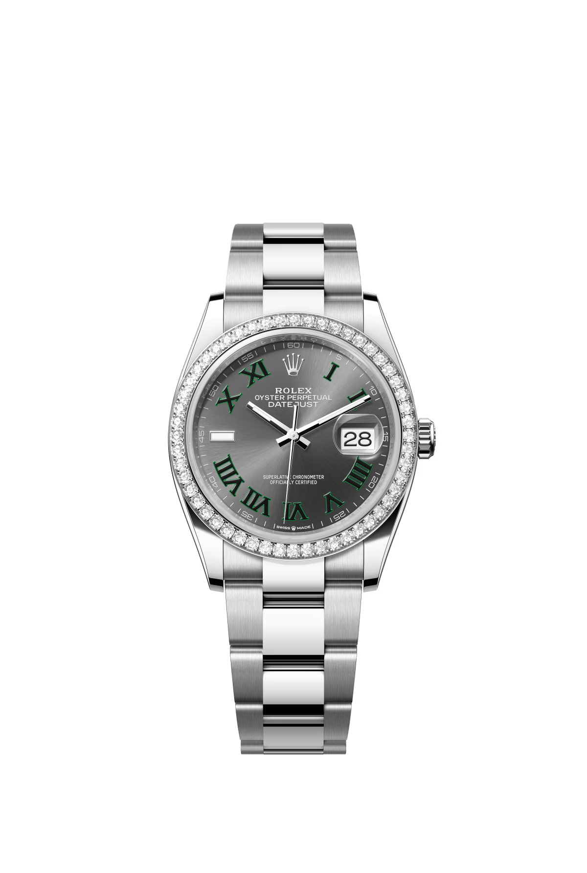 The Oyster Perpetual Datejust 36 is available in white gold and Oystersteel with a slate-grey dial and an Oyster bracelet. -m126284rbr-0038