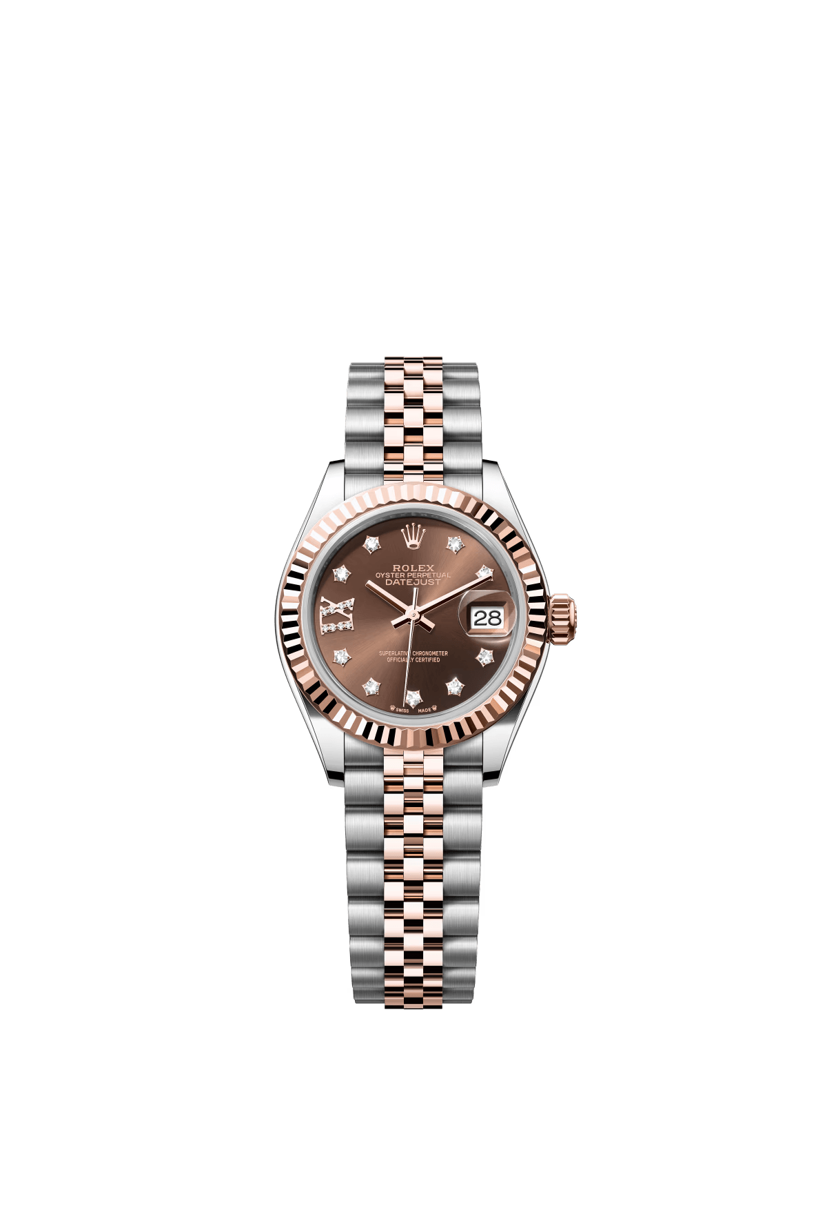 The Oyster Perpetual Lady-Datejust in Everose gold and Oystersteel with a chocolate-coloured diamond-set dial and a Jubilee bracelet. -m279171-0003 28mm