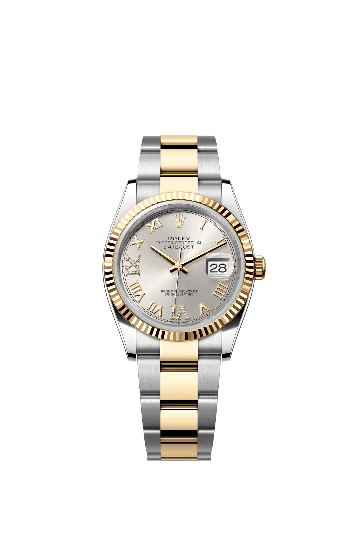 The Oyster Perpetual Datejust 36 is available in yellow gold and Oysteel with a diamond-set silver dial and an Oyster bracelet. -m126233-0032
