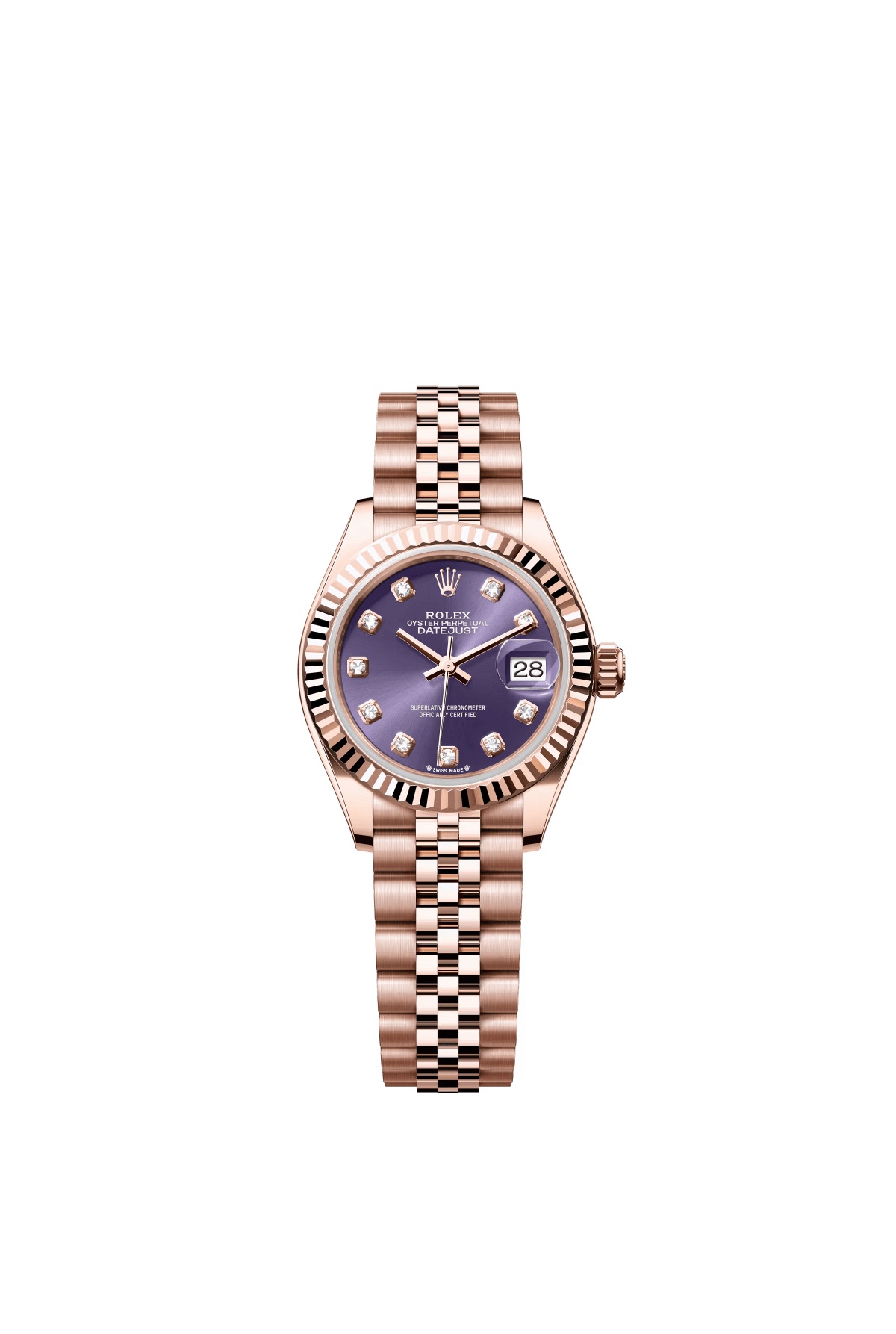 The Oyster Perpetual Lady-Datejust in 18 ct Everose gold with a diamond-set eggplant purple dial and a Jubilee bracelet. -m279175-0020 28mm