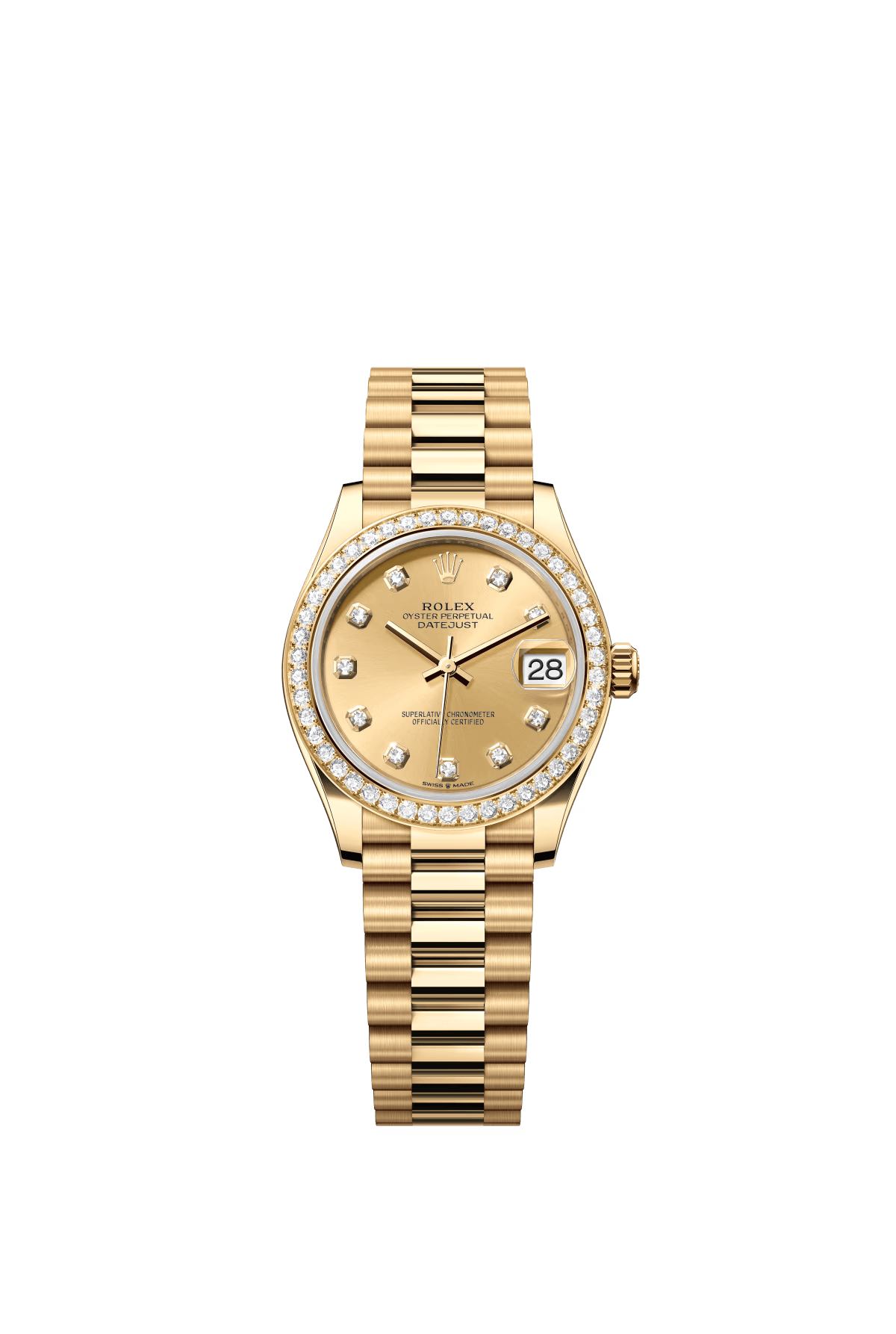 The Oyster Perpetual Datejust 31 in 18 ct yellow gold with a champagne-coloured diamond-set dial and a President bracelet. -m278288rbr-0005