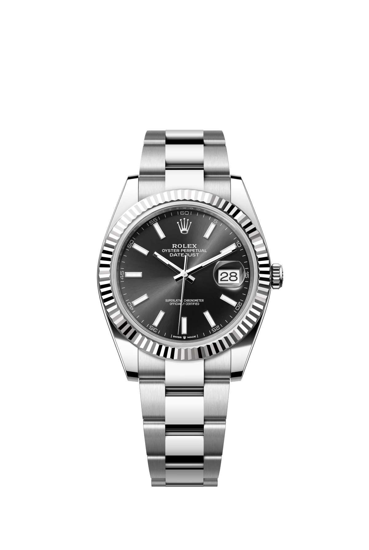 The Oyster Perpetual Datejust 41 is available in white gold and Oystersteel with a glossy black dial and an Oyster bracelet. -m126334-0017