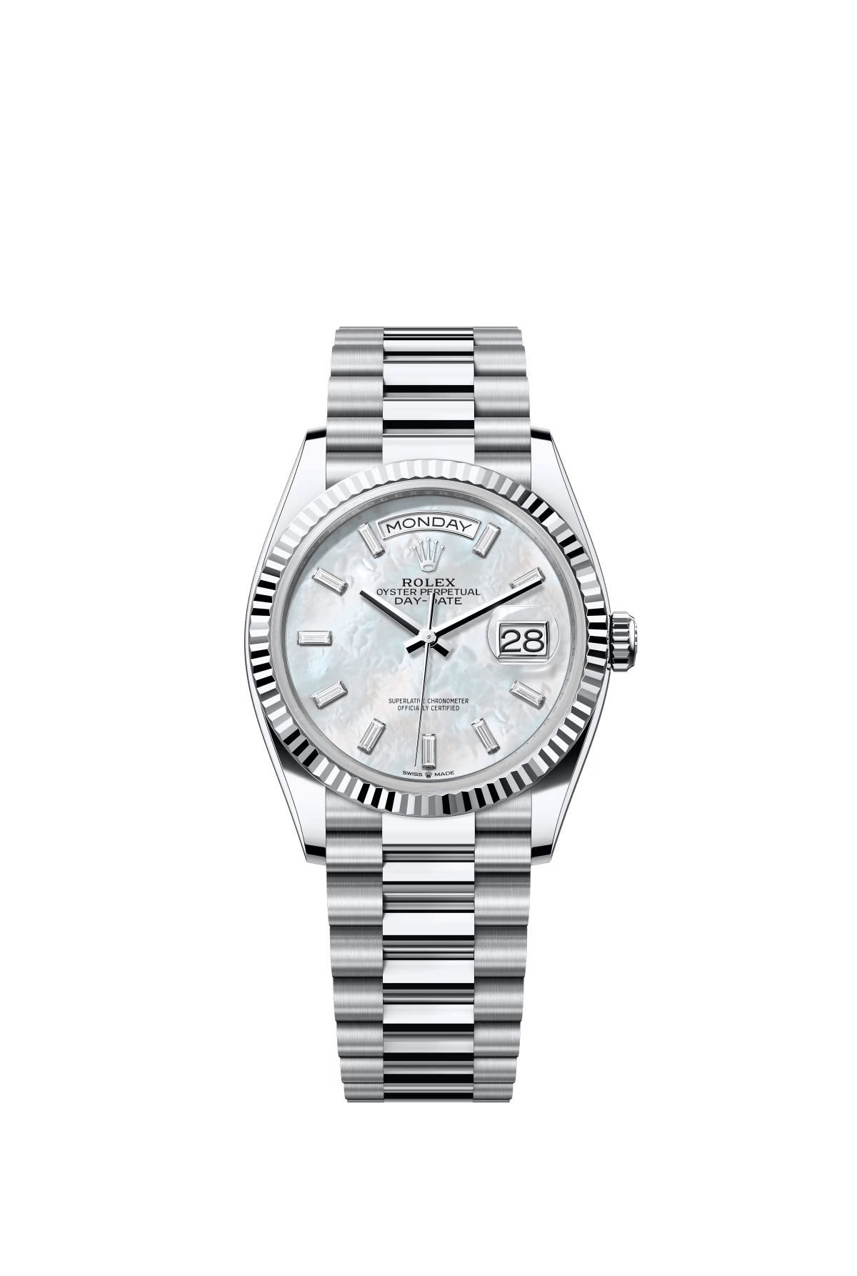 The Oyster Perpetual Day-Date 36 in platinum with a diamond-set white mother-of-pearl dial, fluted bezel and President bracelet. -m128236-0021